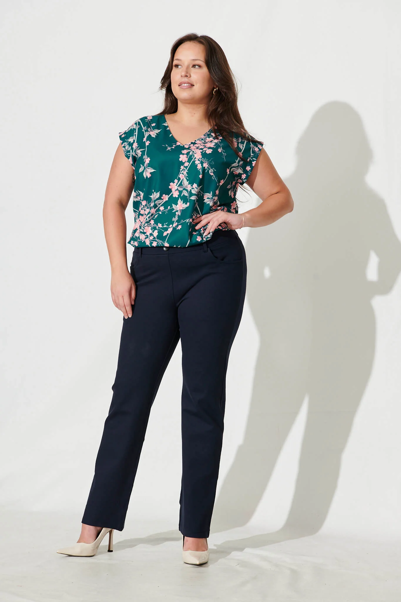 Jina Top In Teal With Pink Cherry Blossom - Image 6