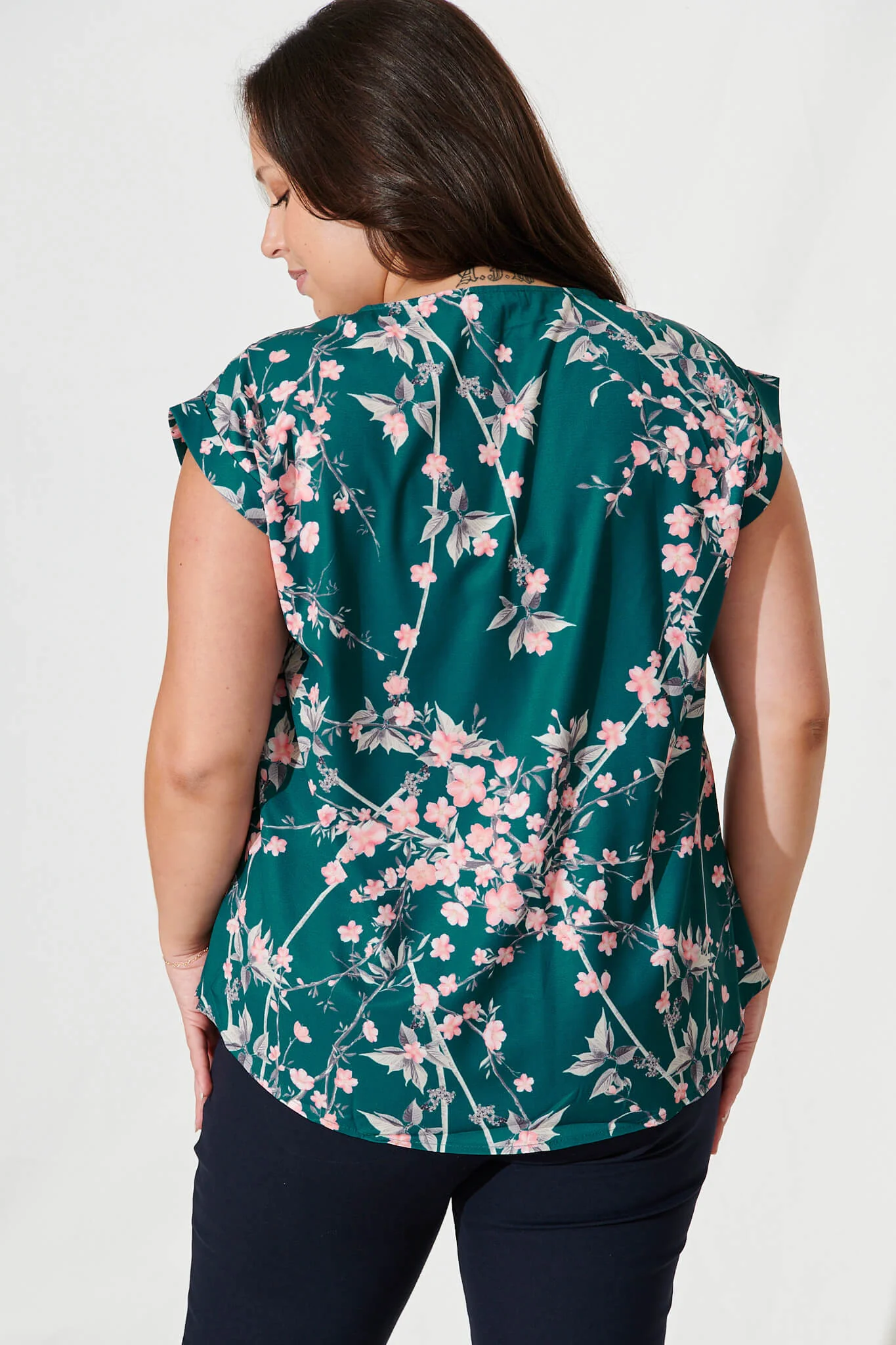 Jina Top In Teal With Pink Cherry Blossom - Image 8