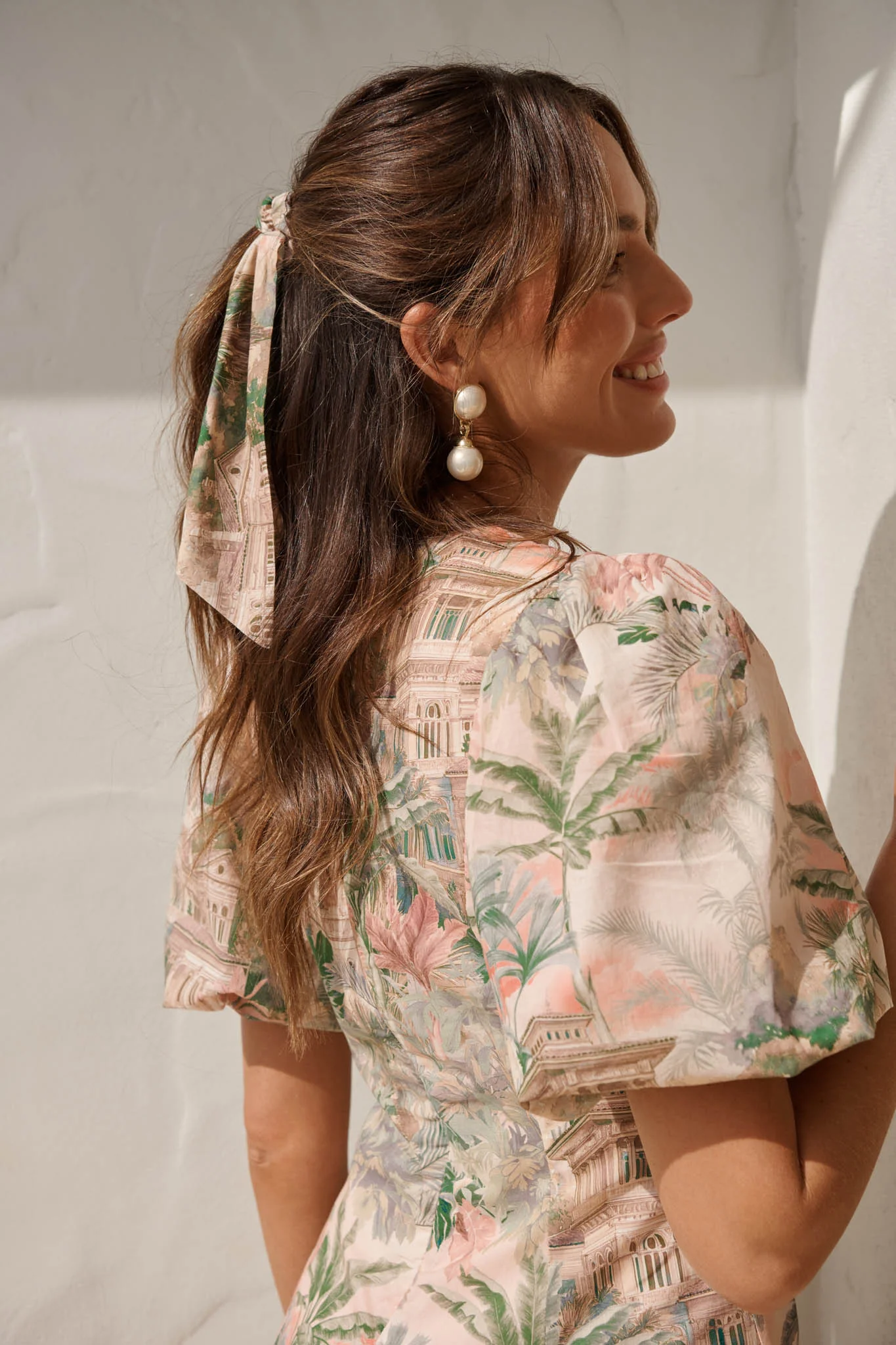 Jody Scrunchie with Tails in Multi Palm Tree Print - Image 4