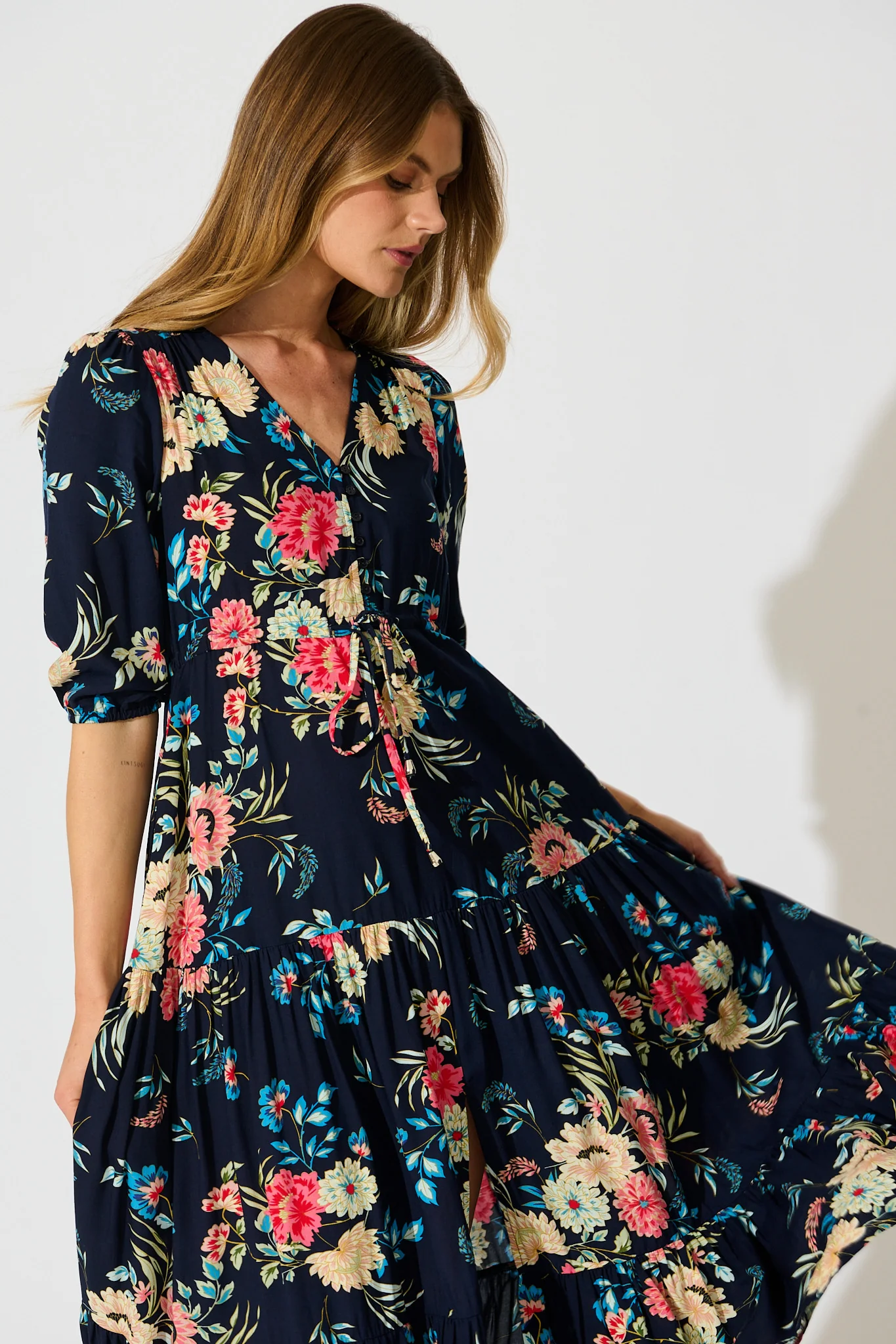 Jolanta Midi Dress in Navy with Multi Floral - Image 2