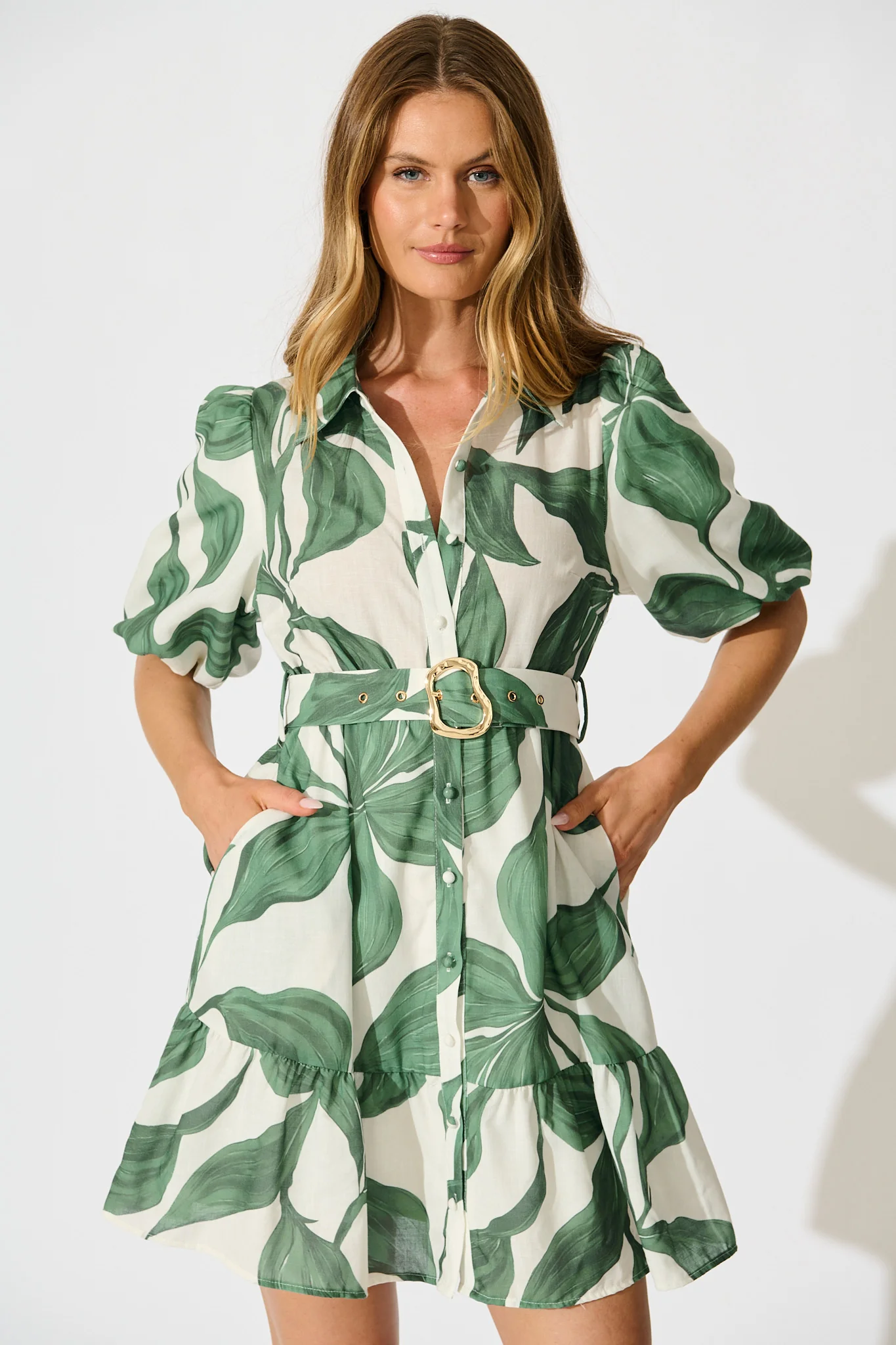 Jonna Shirt Dress in Cream with Green Leaf Linen Blend - Image 2