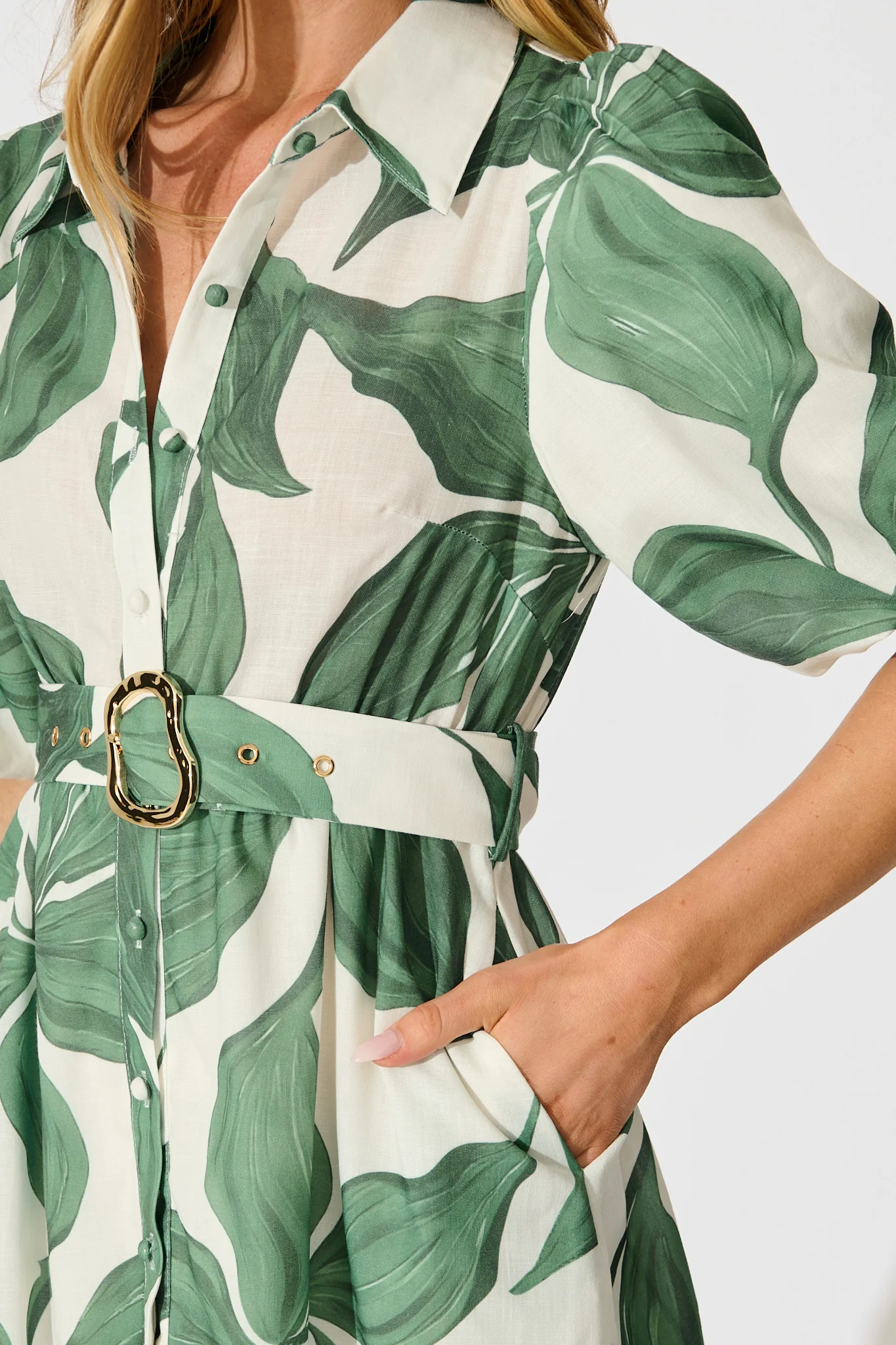 Jonna Shirt Dress in Cream with Green Leaf Linen Blend - Image 5