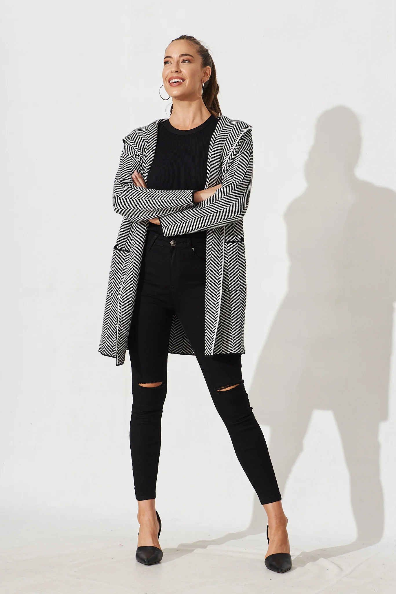 Jora Knit Hood Cardigan In Black With Herringbone Wool Blend