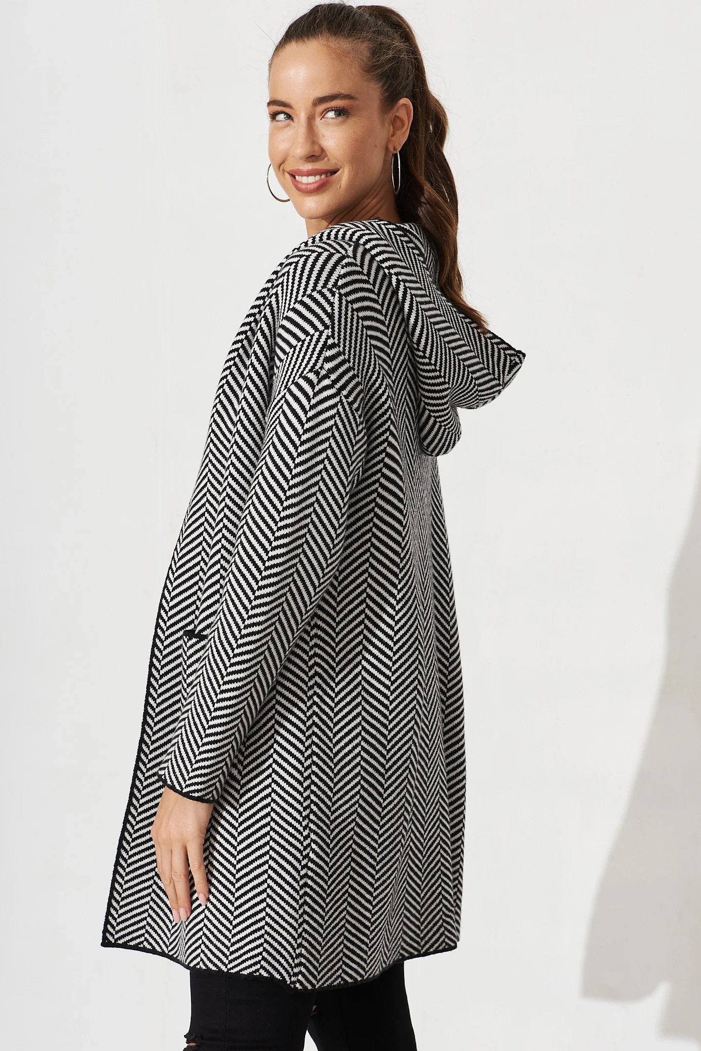 Jora Knit Hood Cardigan In Black With Herringbone Wool Blend - Image 3