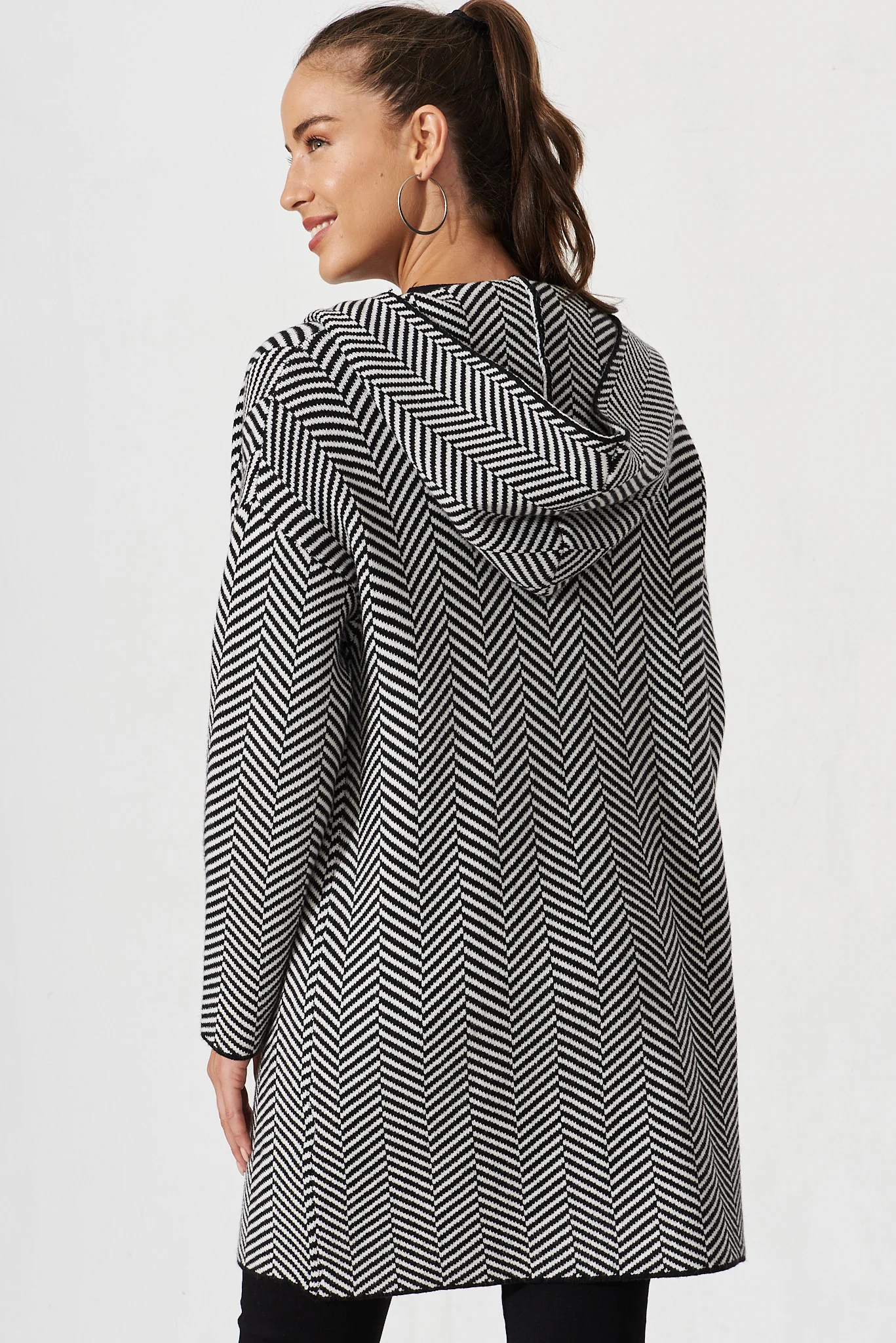Jora Knit Hood Cardigan In Black With Herringbone Wool Blend - Image 4