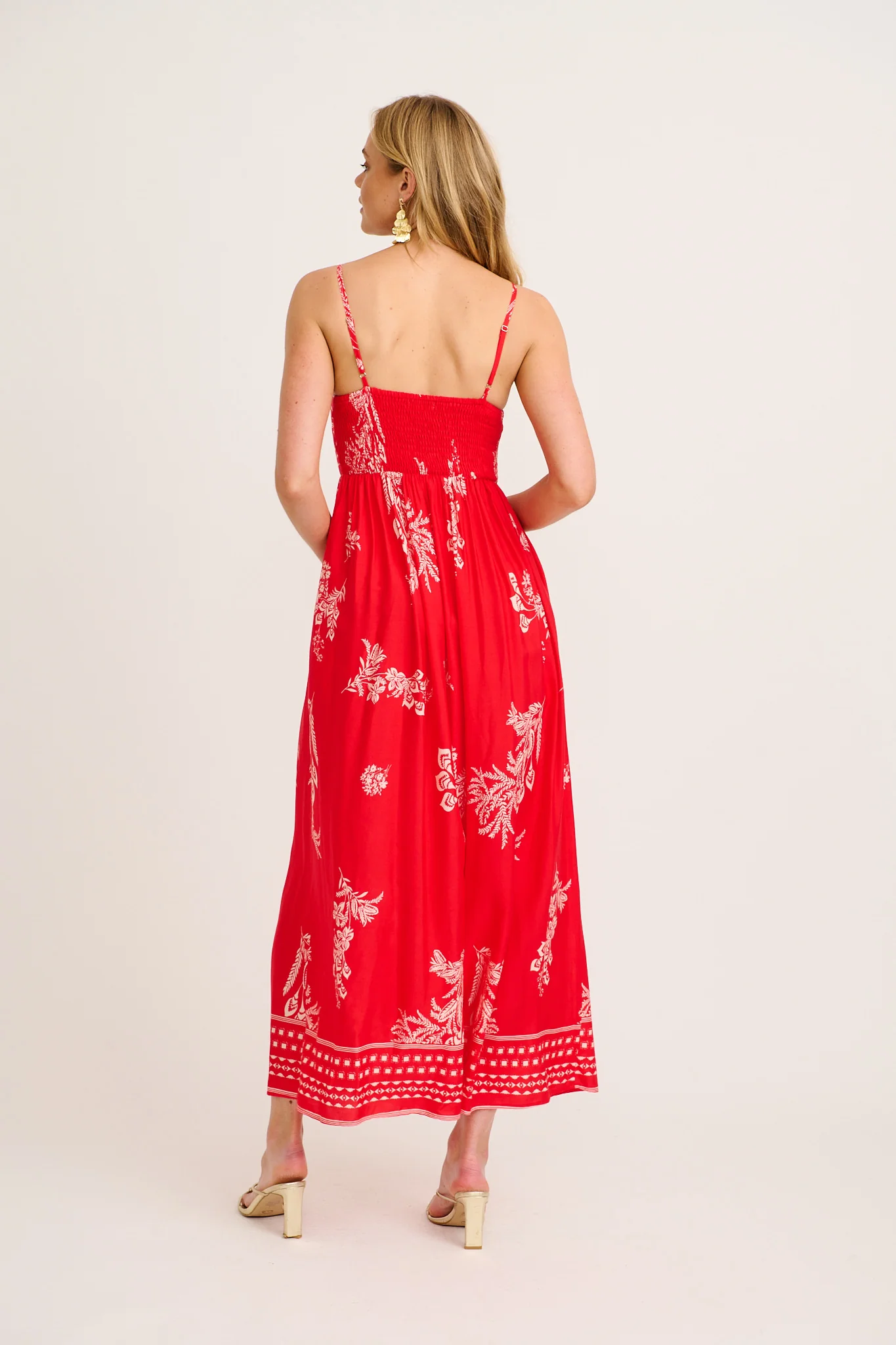 Jordonna Maxi Sundress in Red with Cream Leaf Print - Image 4