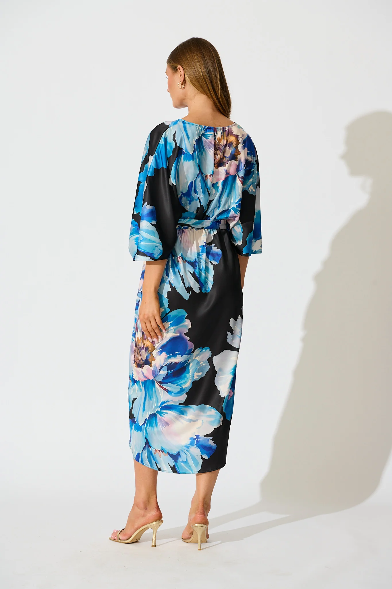 Joyful Midi Dress in Black with Blue Floral Satin - Image 4