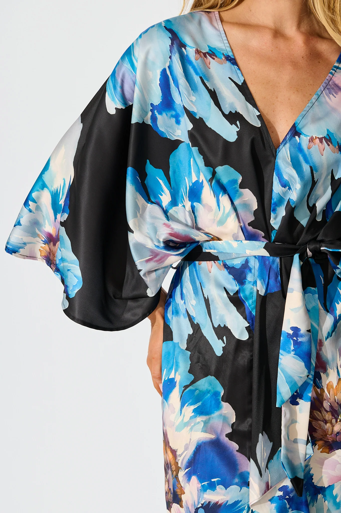 Joyful Midi Dress in Black with Blue Floral Satin - Image 5