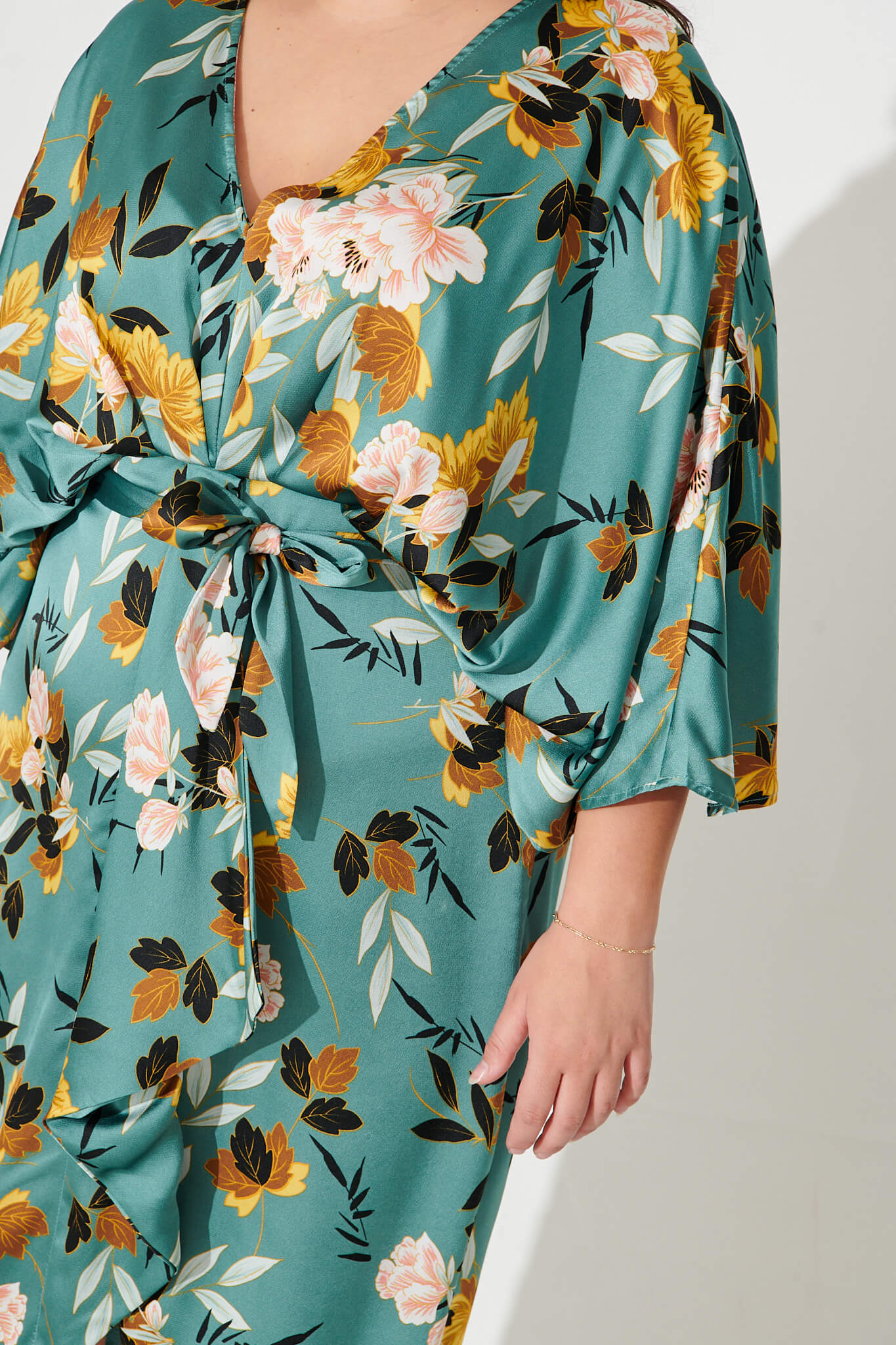 Joyful Midi Dress In Green With Blush Floral Satin - Image 9