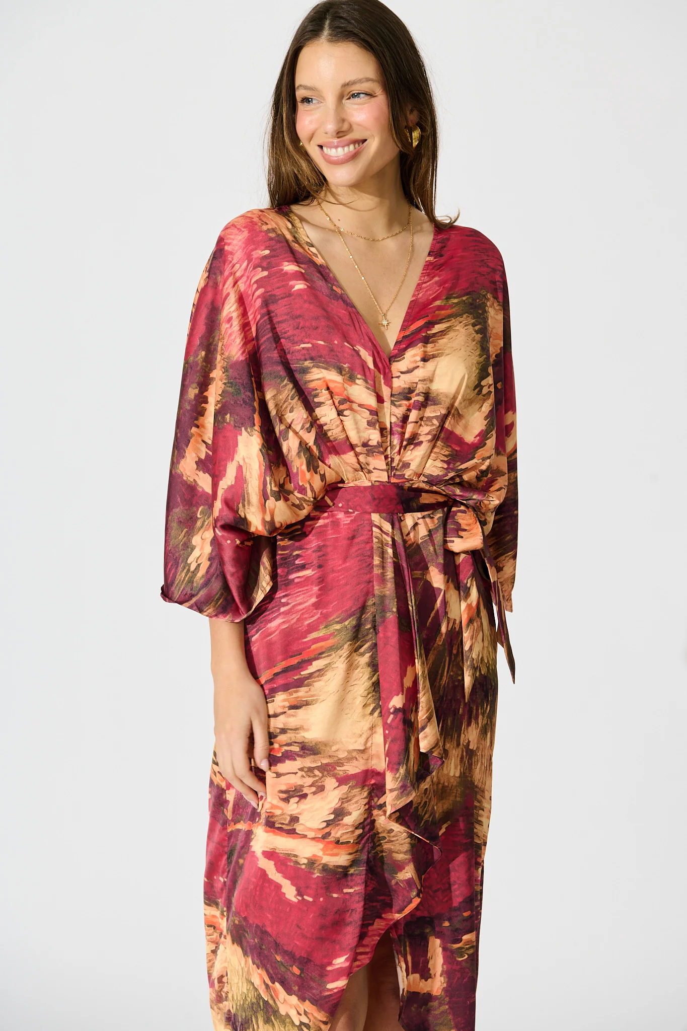 Joyful Midi Dress in Multi Watercolour Satin - Image 2