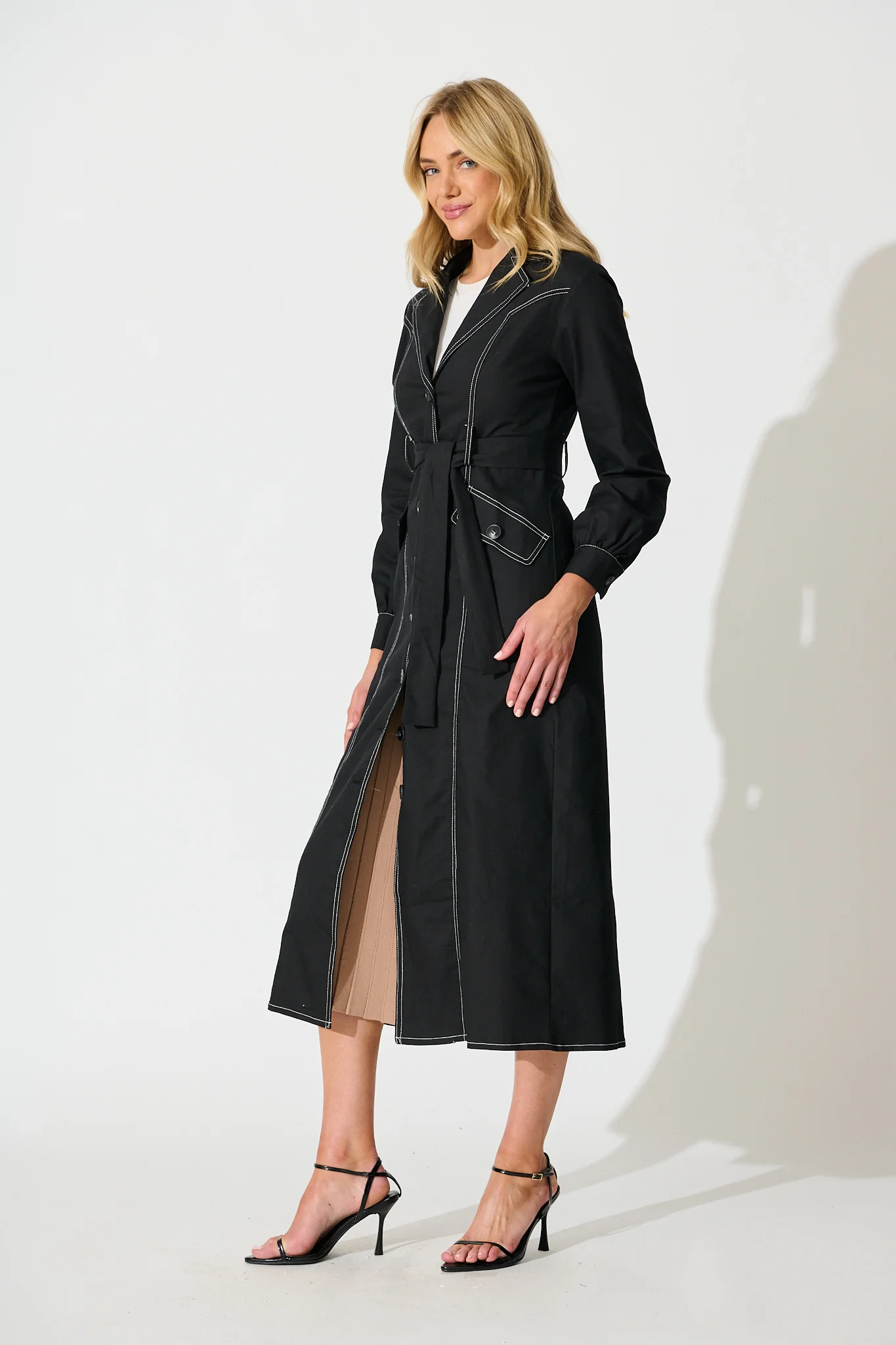Jules Coat in Black with Contrast Stitch Cotton Blend - Image 3