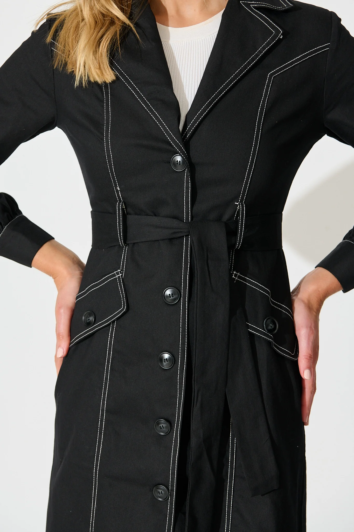 Jules Coat in Black with Contrast Stitch Cotton Blend - Image 6