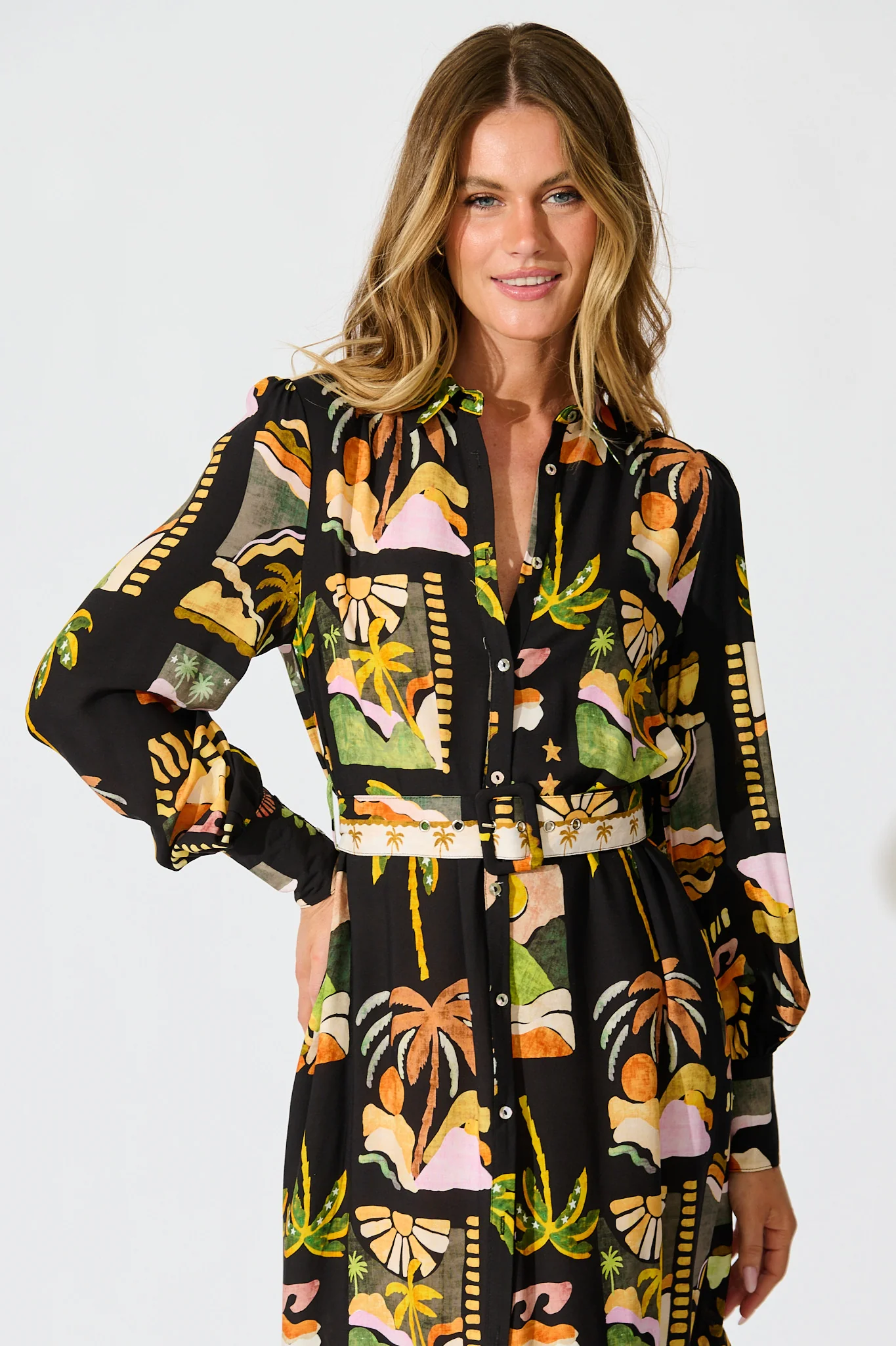 Juliana Midi Shirt Dress in Black with Multi Palm Tree Print - Image 2