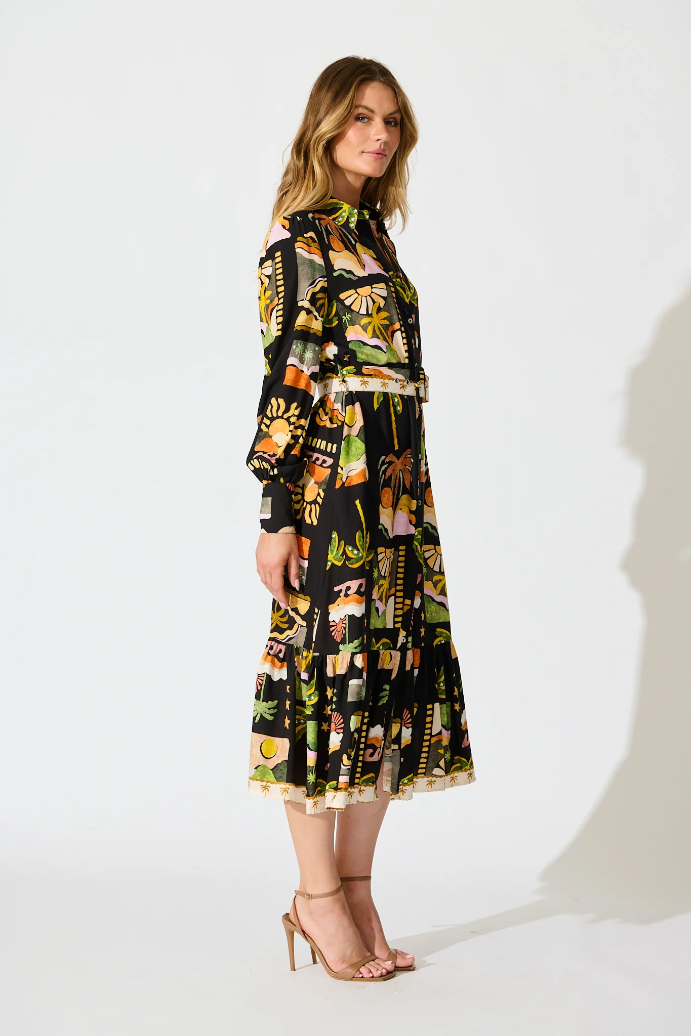 Juliana Midi Shirt Dress in Black with Multi Palm Tree Print - Image 3