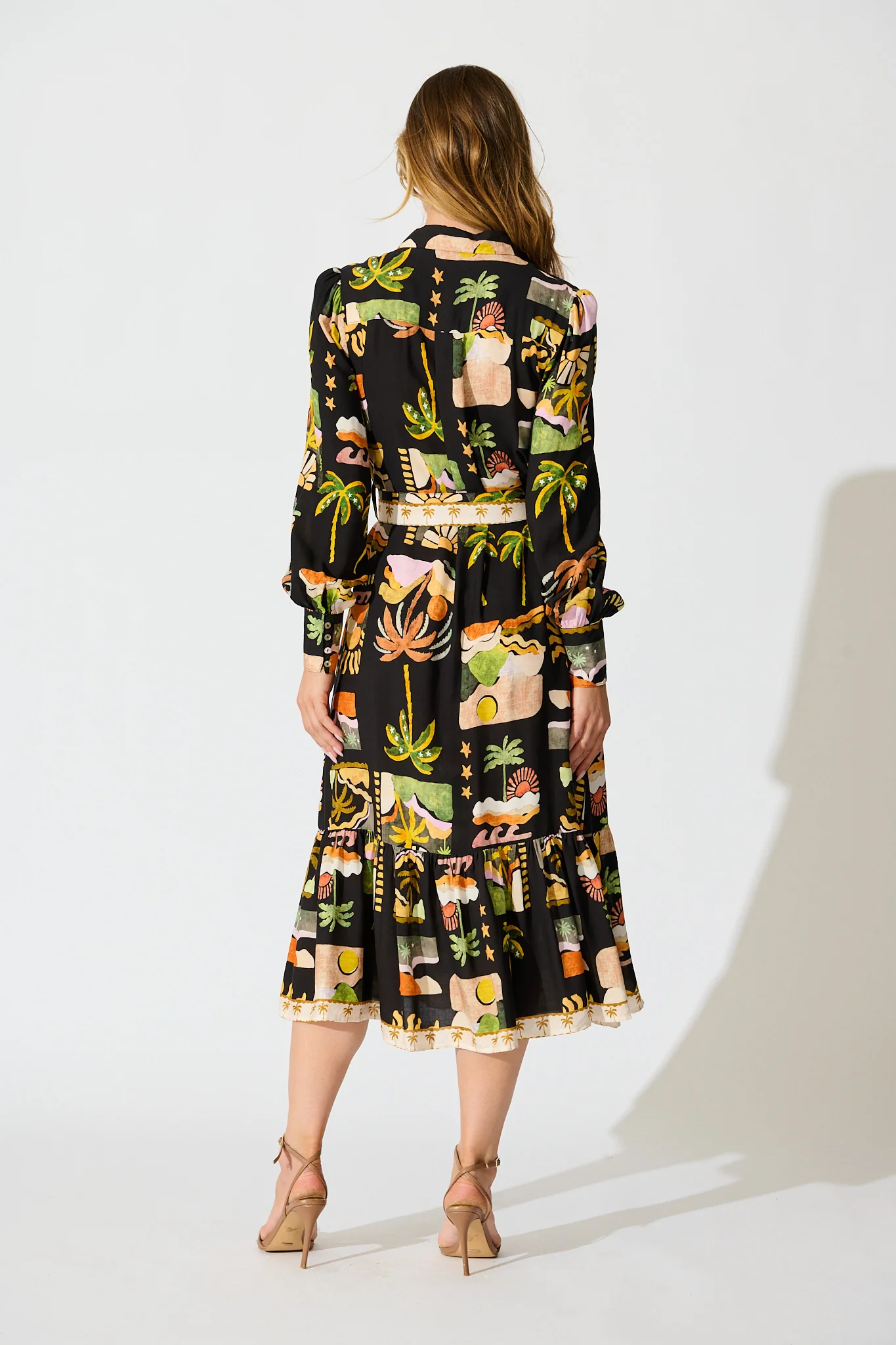 Juliana Midi Shirt Dress in Black with Multi Palm Tree Print - Image 4