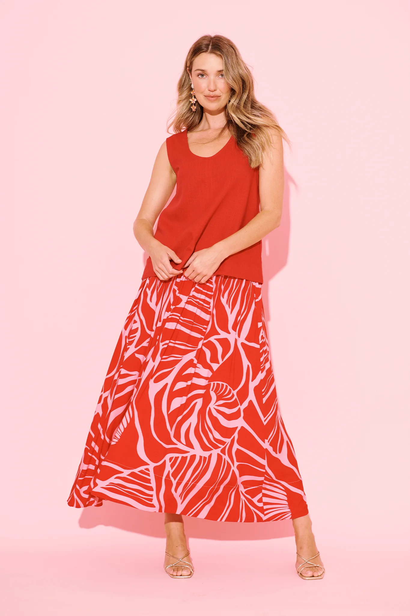 Julianna Maxi Skirt in Red with Pink Print - Image 4