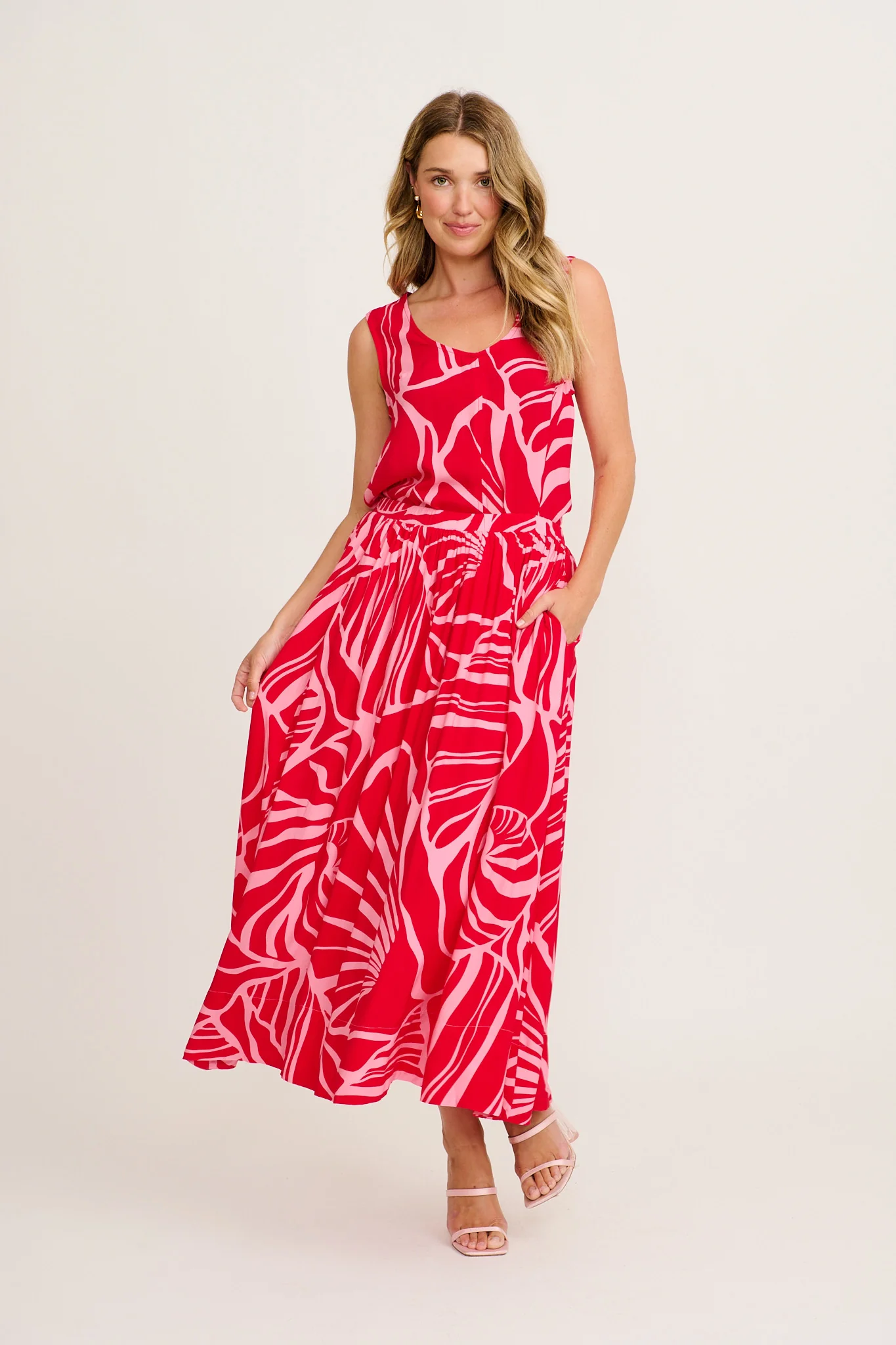 Julianna Maxi Skirt in Red with Pink Print - Image 9