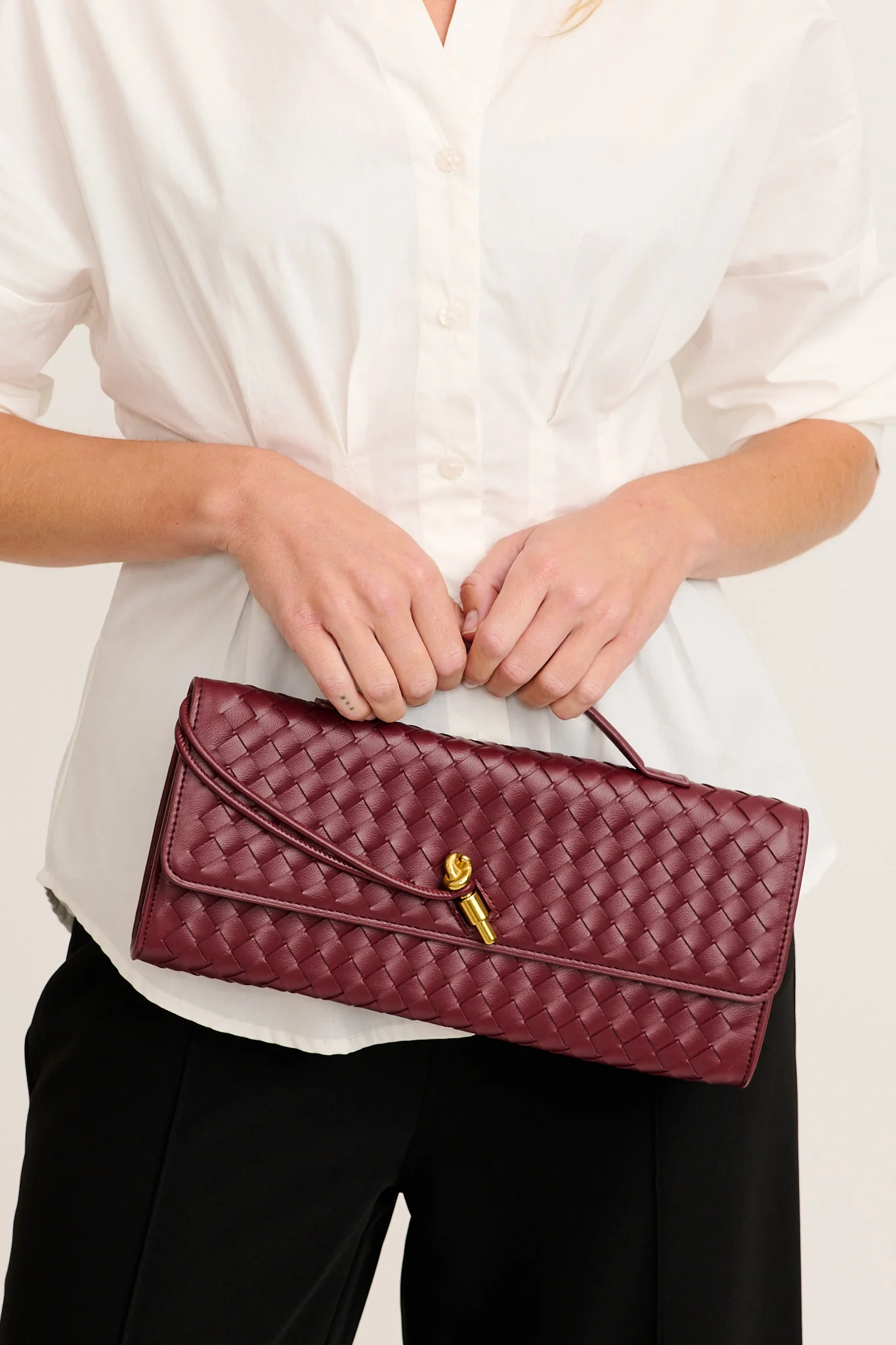 Juliette East West Woven Clutch Bag in Burgundy - Image 3
