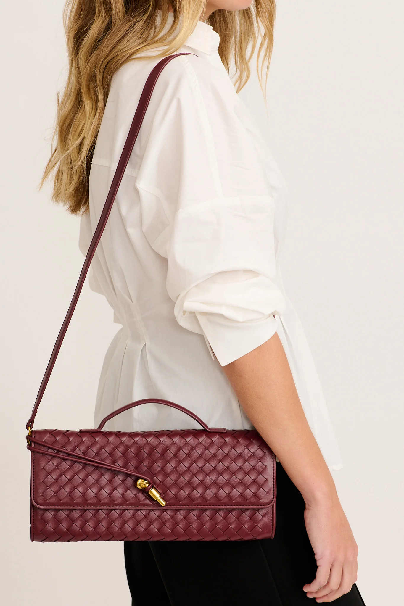 Juliette East West Woven Clutch Bag in Burgundy - Image 4