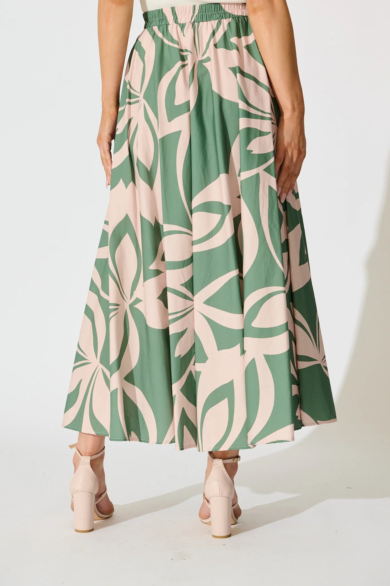 Jumana Maxi Skirt in Green with Pink Leaf Print Cotton - Image 3