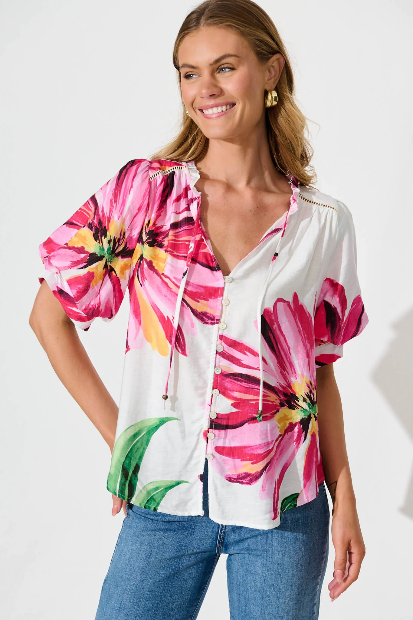 Jupiter Shirt In White With Pink Floral - Image 2