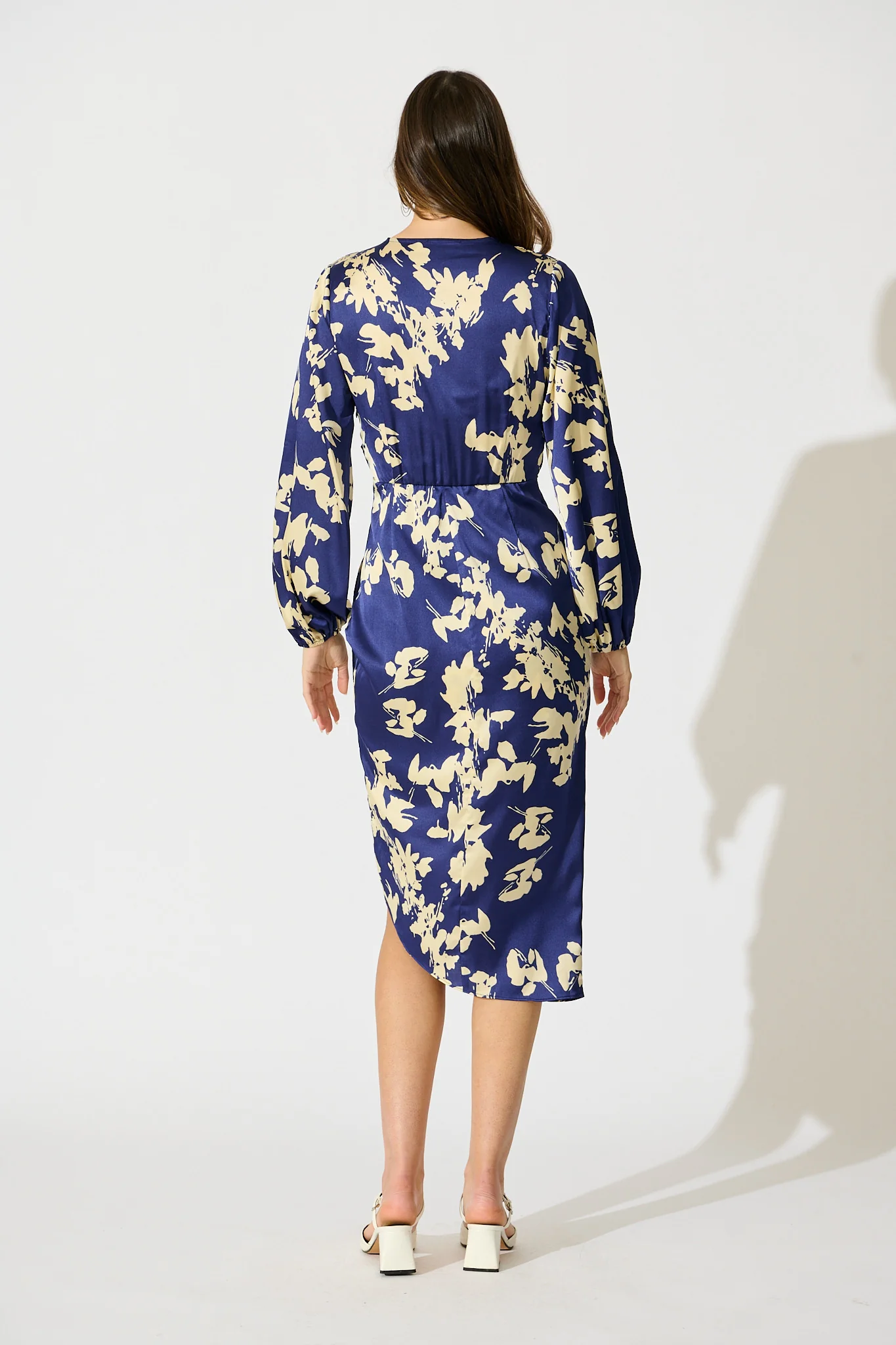 Kalisha Midi Dress in Blue with White Floral Satin - Image 4