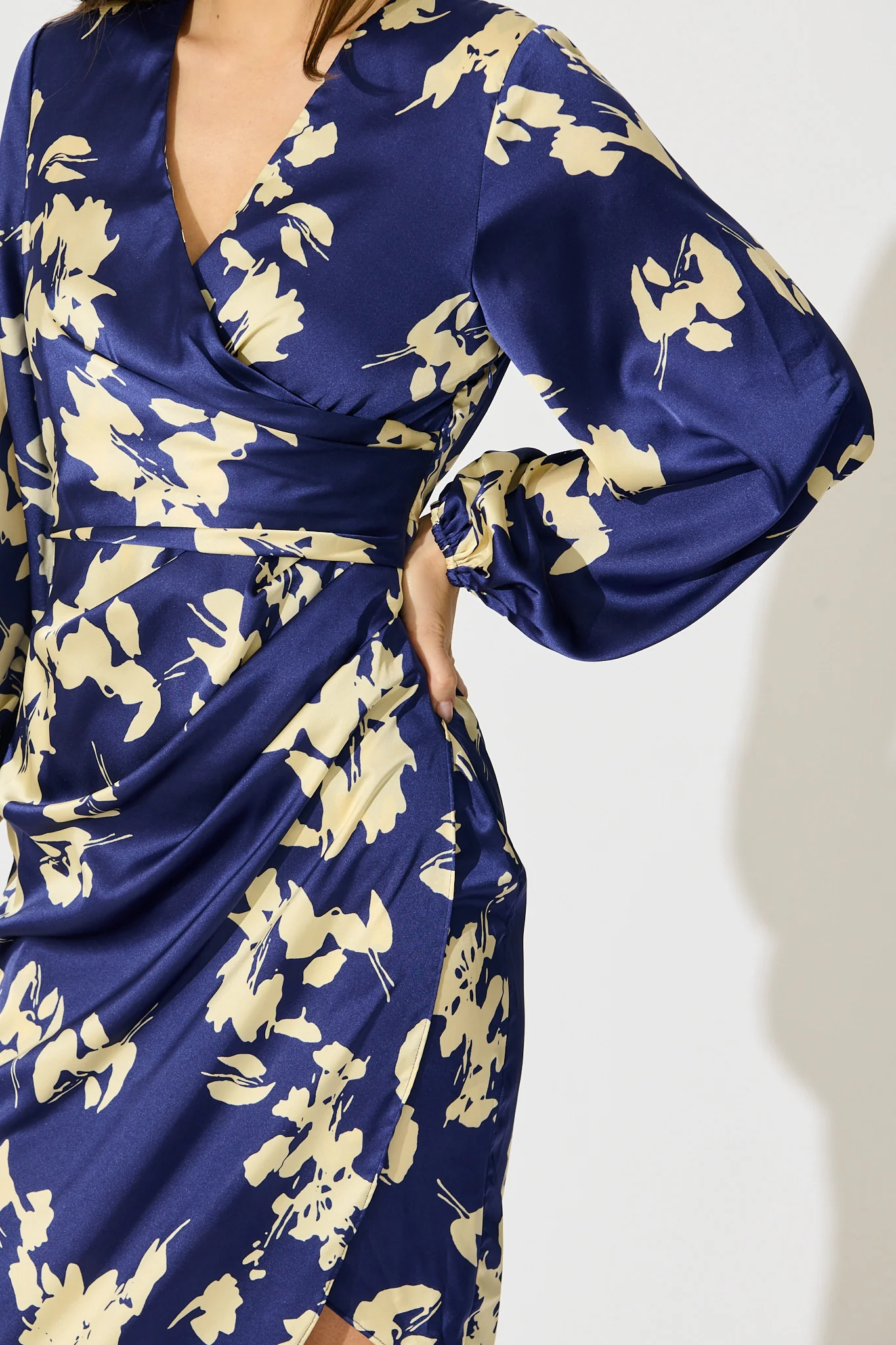 Kalisha Midi Dress in Blue with White Floral Satin - Image 5