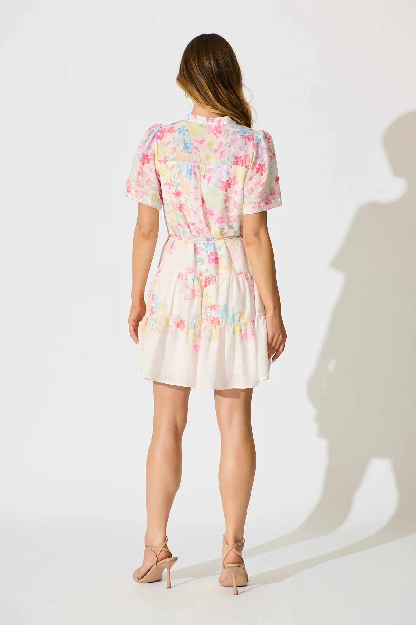 Karey Dress in White with Multi Pastel Floral Linen Blend - Image 4
