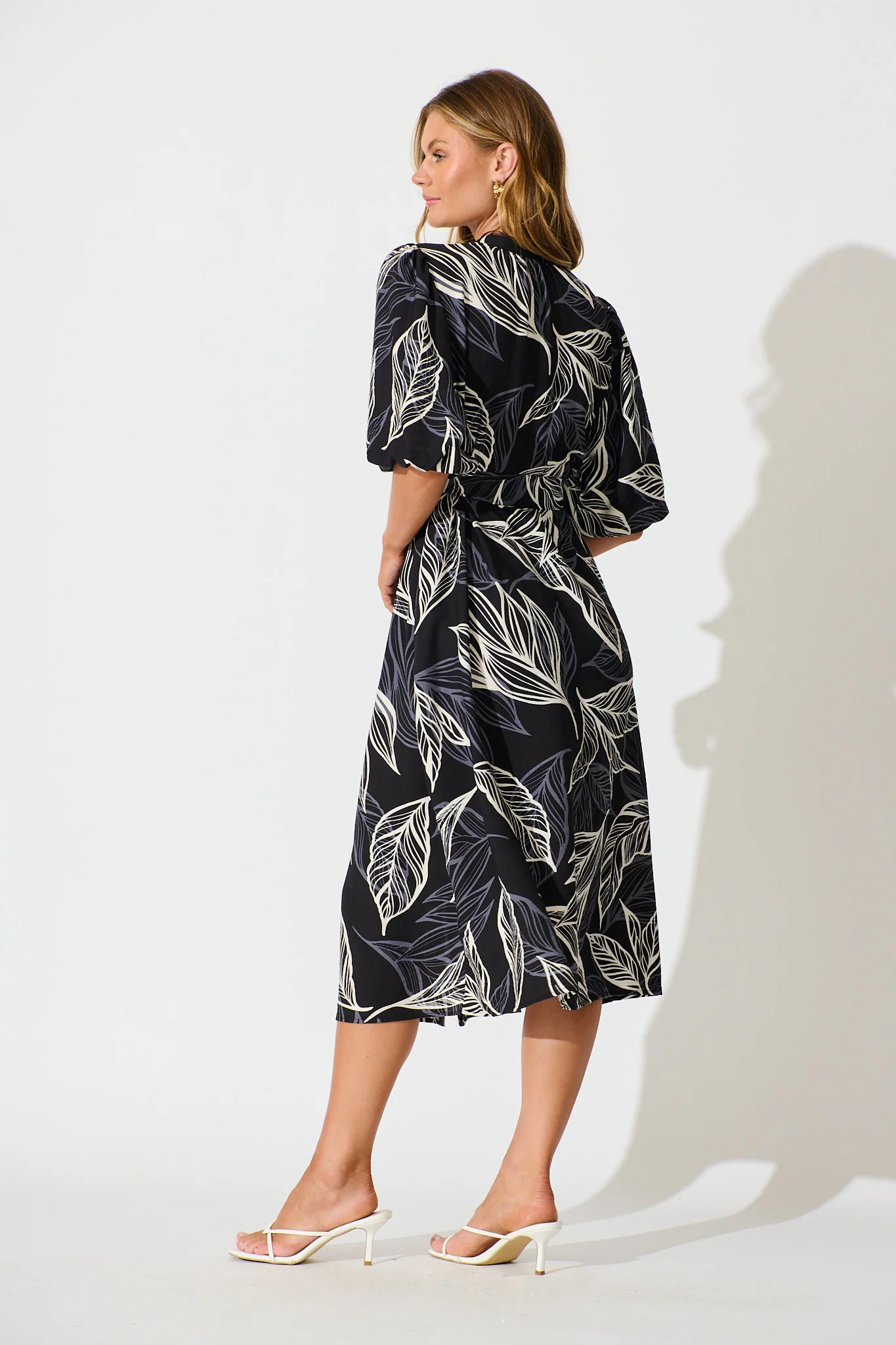 Katie Midi Dress in Black with Cream Leaf - Image 4
