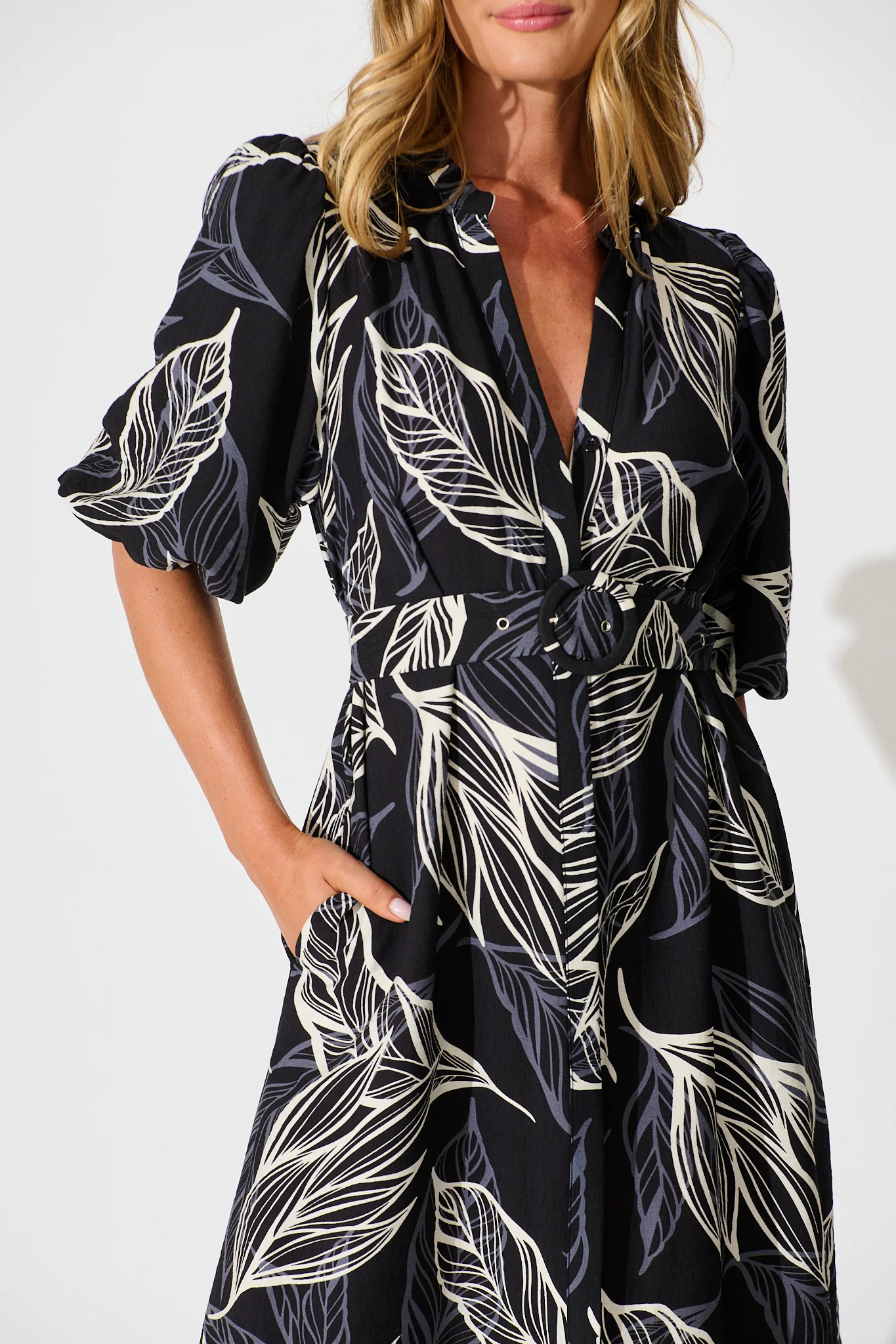 Katie Midi Dress in Black with Cream Leaf - Image 5