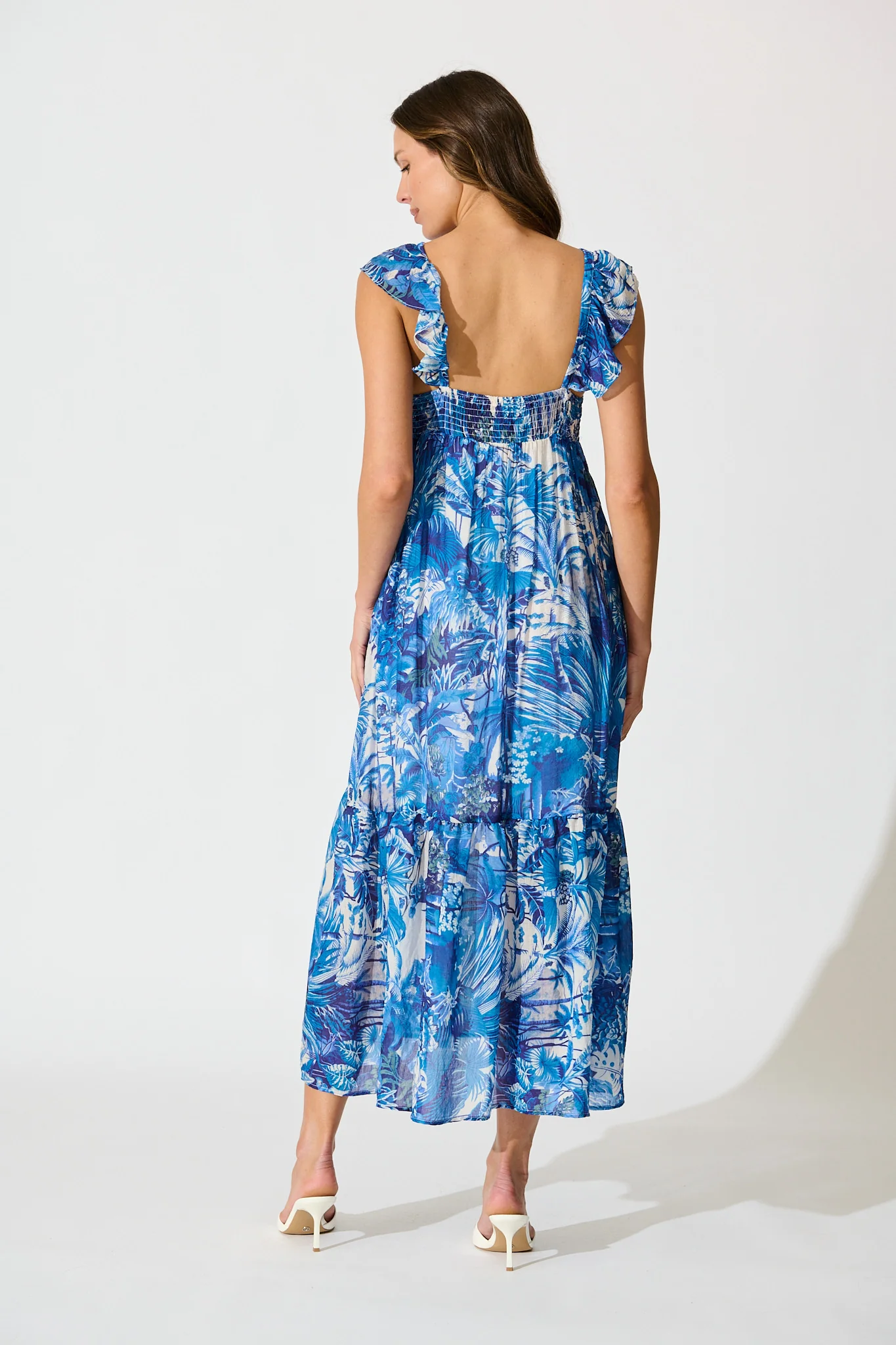 Katriel Maxi Dress in Blue and White Leaf Cotton Blend - Image 4