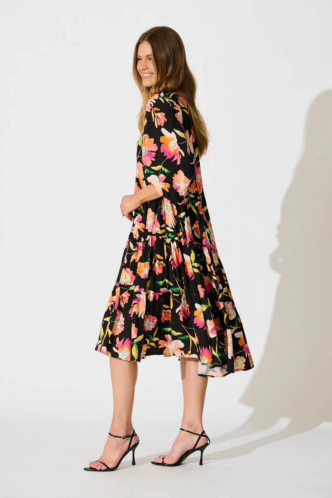 Kehlana Tiered Smock Dress in Black with Tangerine Floral - Image 3