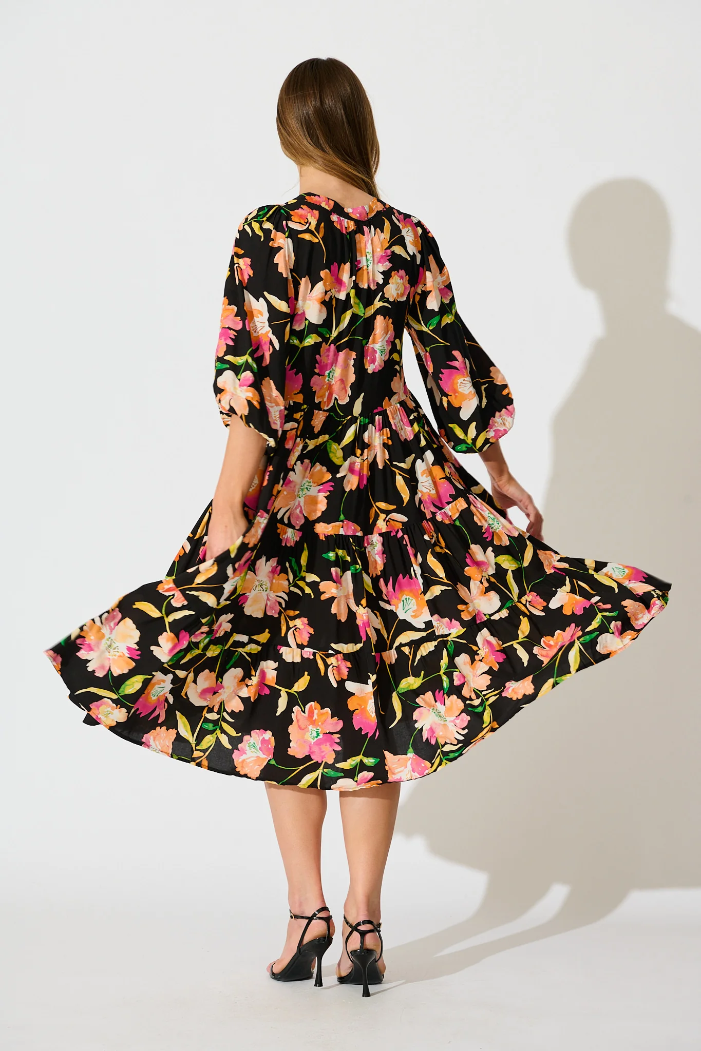 Kehlana Tiered Smock Dress in Black with Tangerine Floral - Image 4