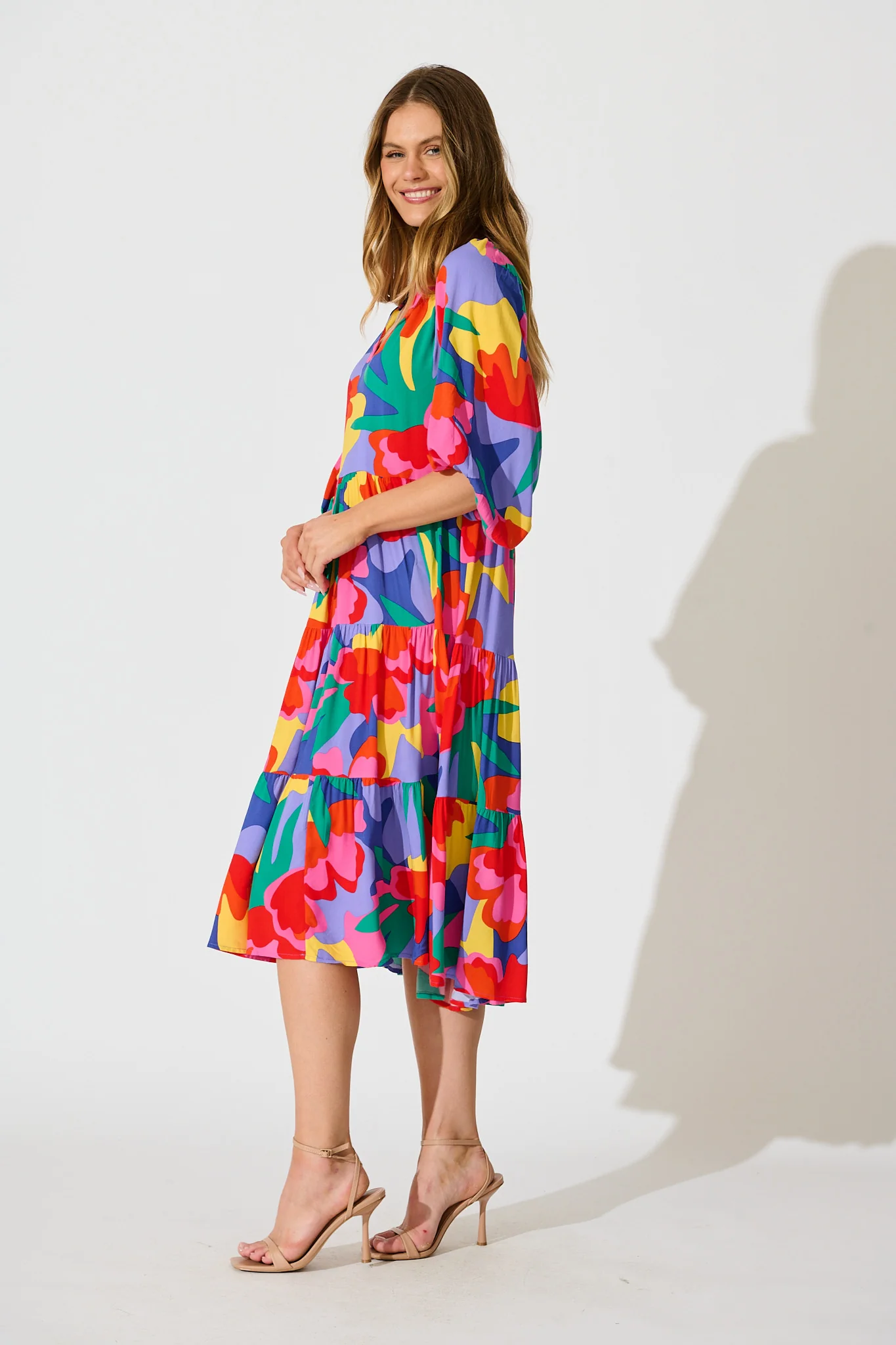 Kehlana Tiered Smock Dress in Bright Multi Print - Image 3