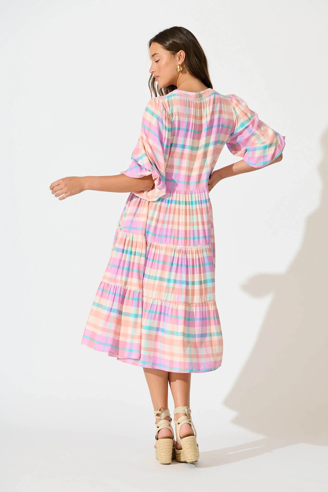 Kehlana Tiered Smock Dress In Pink Check - Image 4