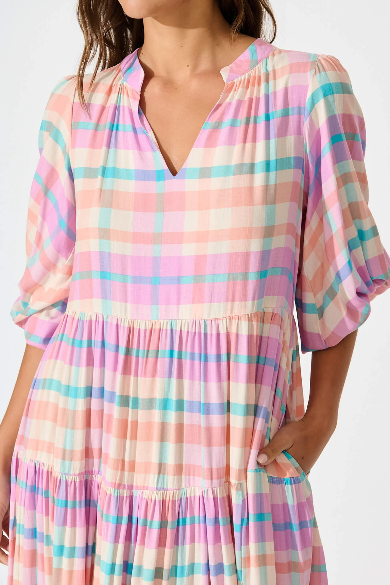 Kehlana Tiered Smock Dress In Pink Check - Image 6