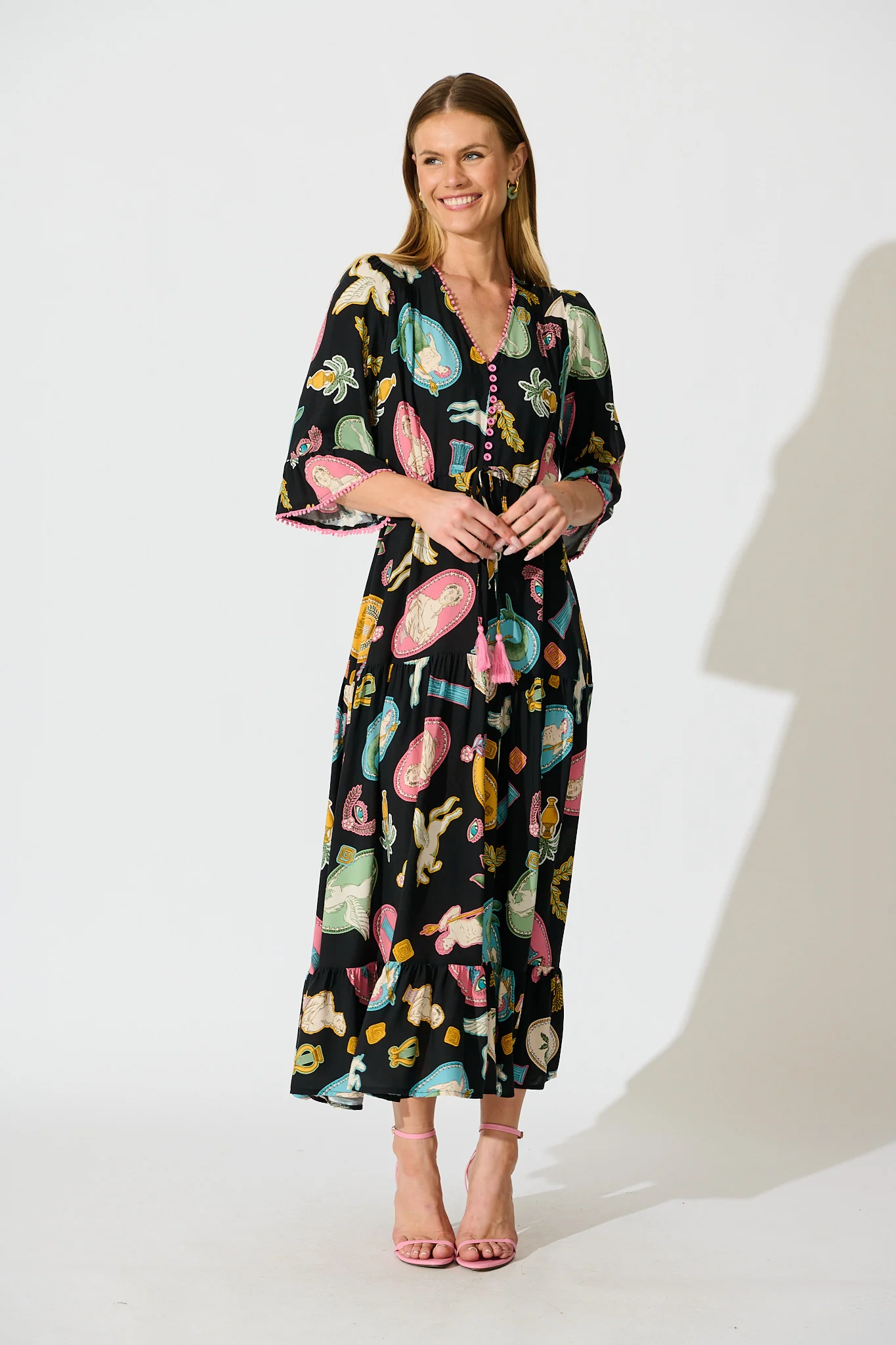 Kelsey Midi Dress in Black with Multi Print