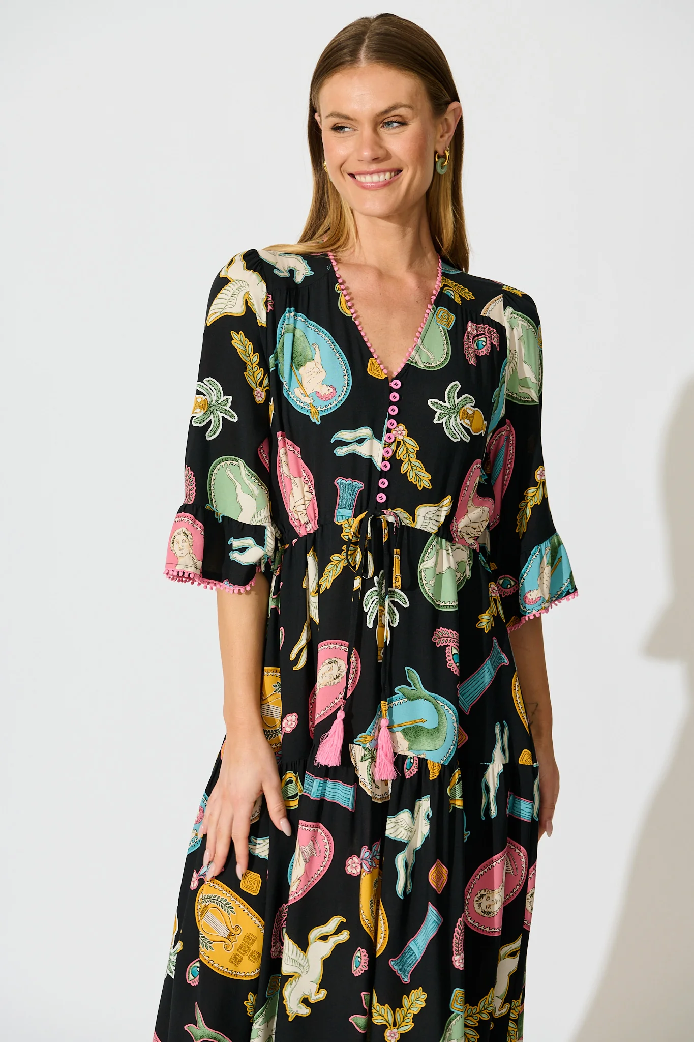 Kelsey Midi Dress in Black with Multi Print - Image 2