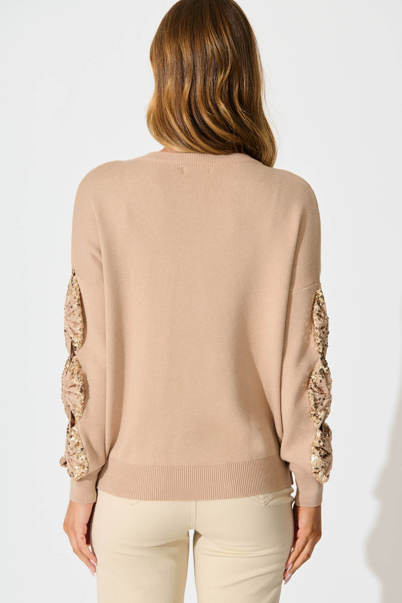 Kennedi Sequin Sleeve Detail Knit in Beige Wool Blend - Image 3