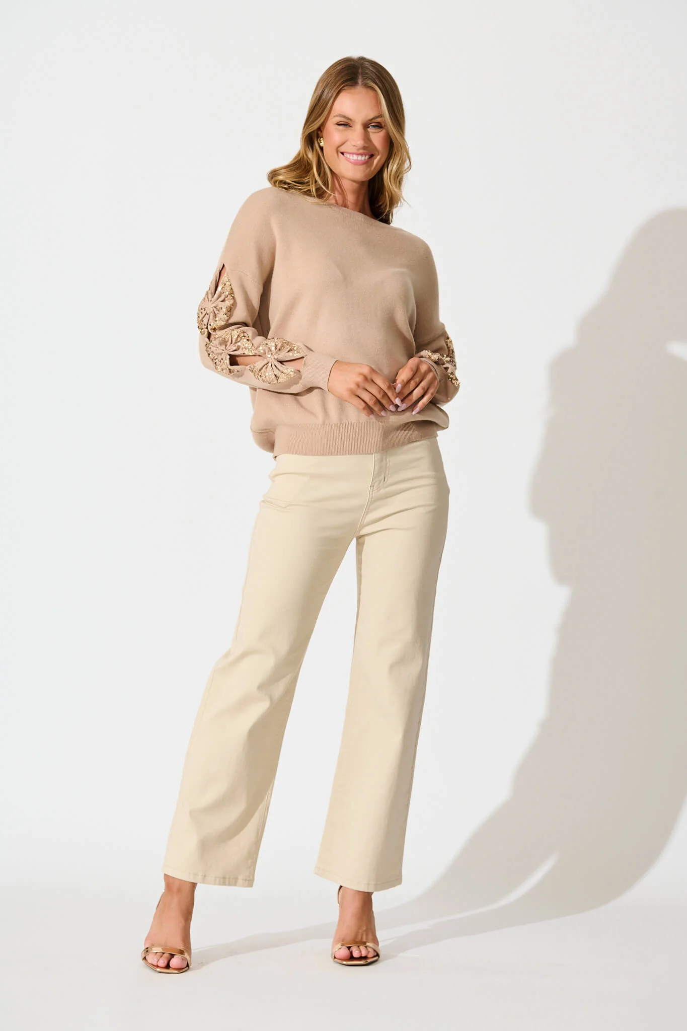 Kennedi Sequin Sleeve Detail Knit in Beige Wool Blend - Image 4