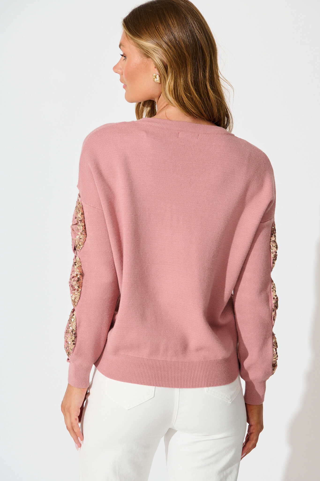 Kennedi Sequin Sleeve Detail Knit in Dusty Rose Wool Blend - Image 3