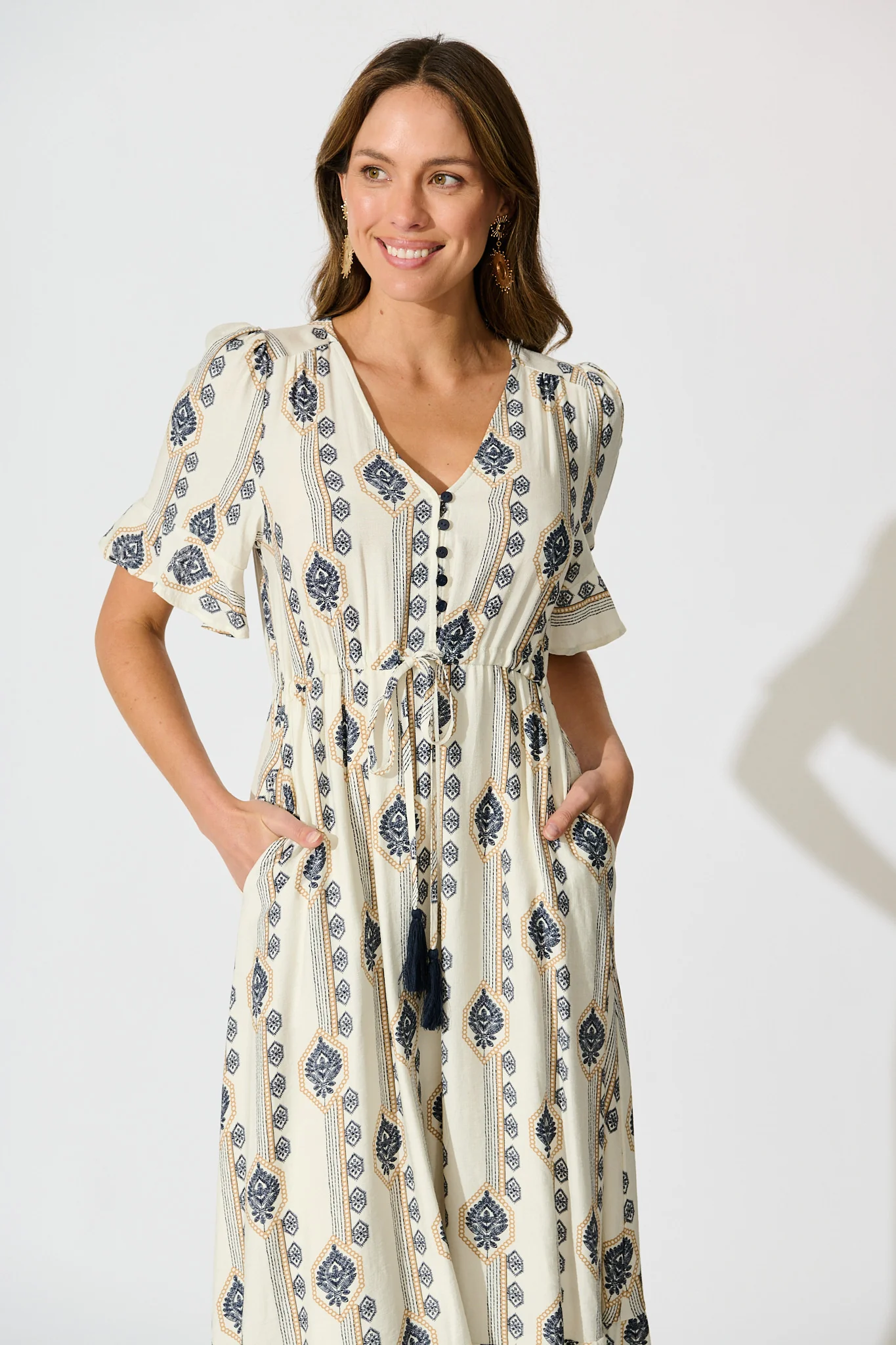 Keri Maxi Dress in Cream and Navy Boho Print - Image 2