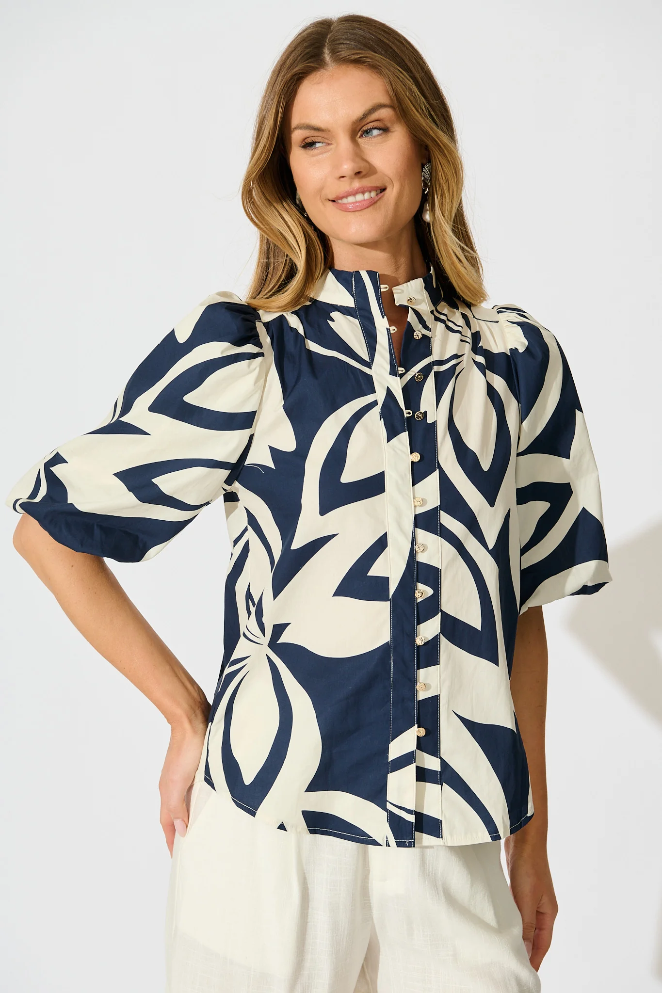 Keylani Shirt in Navy with Cream Leaf Print Cotton