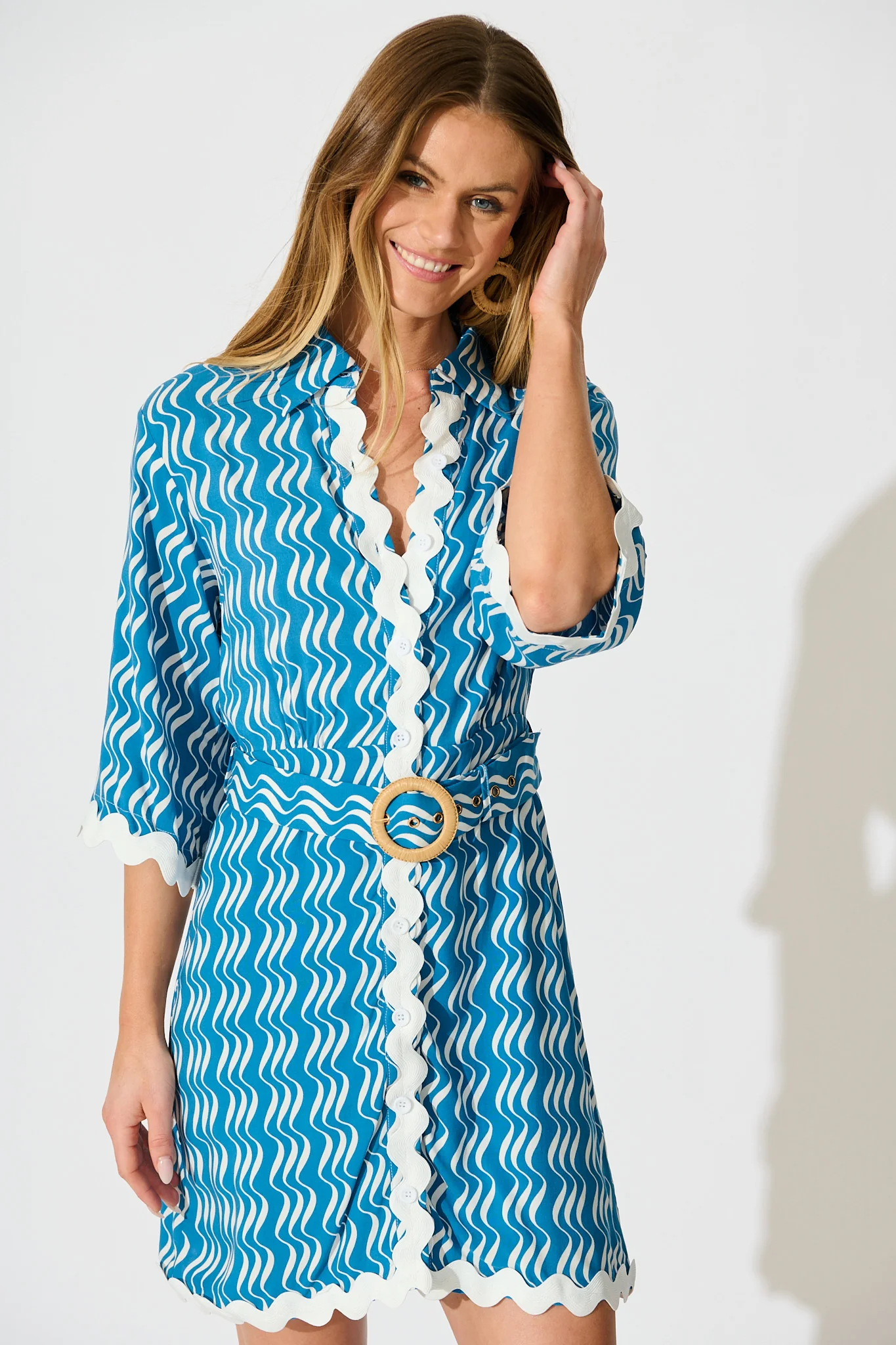 Kimmi Shirt Dress in Blue And White Print With Ric Rac Trim - Image 2