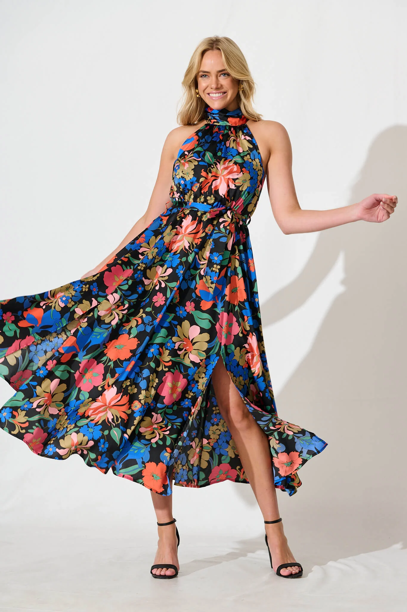 Kiss Me Halter Neck Maxi Dress in Black Floral Satin - Image 2