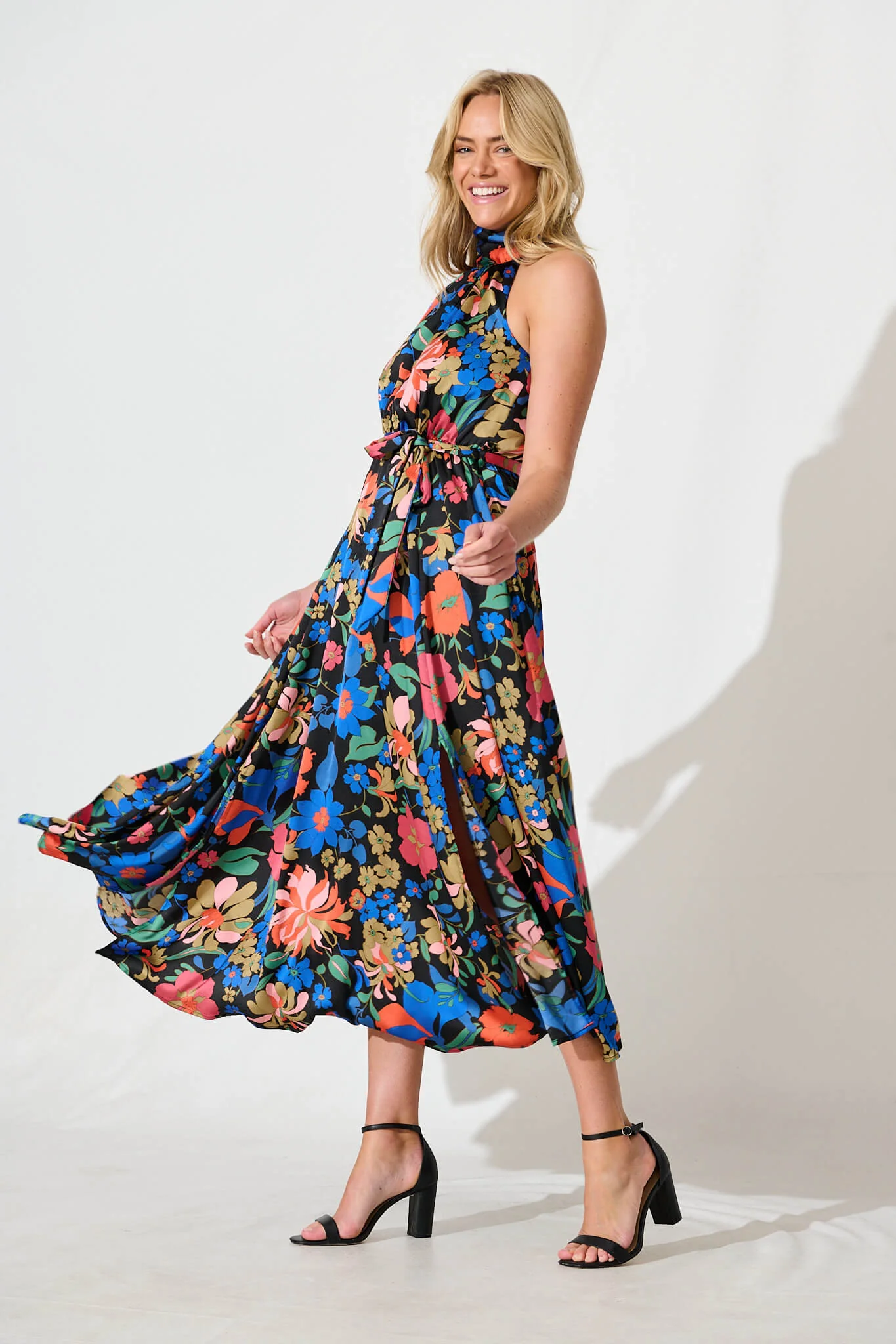 Kiss Me Halter Neck Maxi Dress in Black Floral Satin - Image 6
