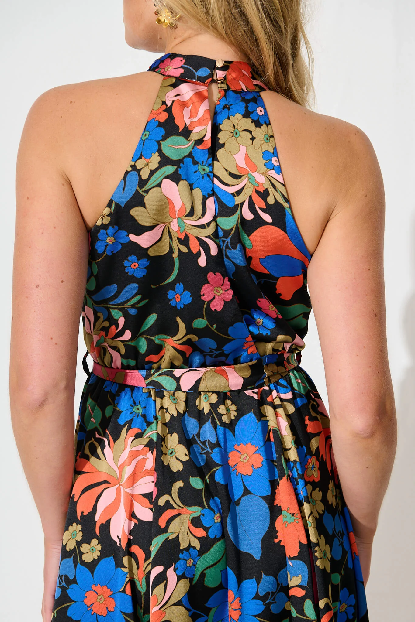 Kiss Me Halter Neck Maxi Dress in Black Floral Satin - Image 8