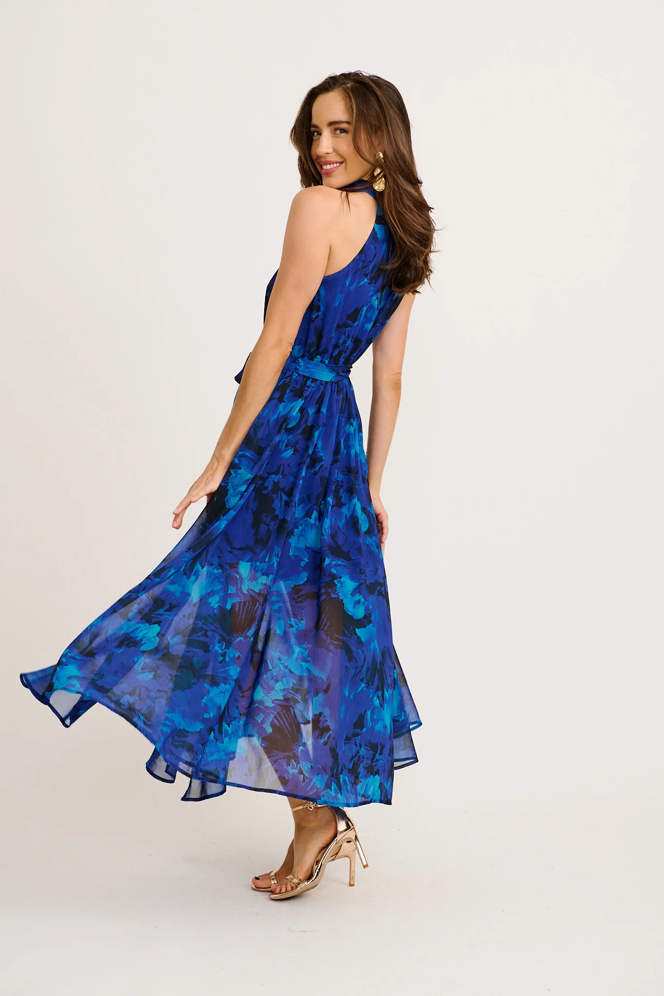 Kiss Me Halter Neck Maxi Dress in Blue Watercolour Chiffon - Image 4