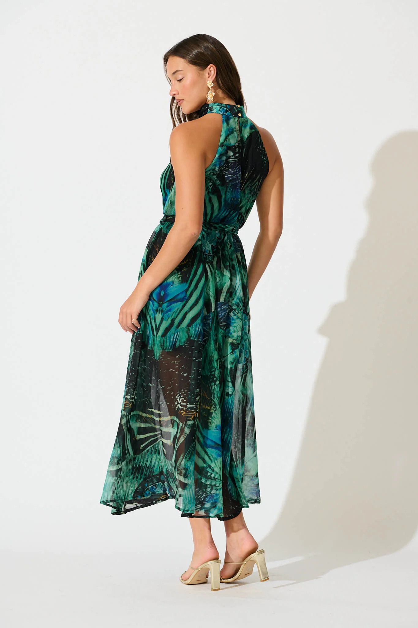 Kiss Me Halter Neck Maxi Dress in Green Multi Chiffon - Image 4