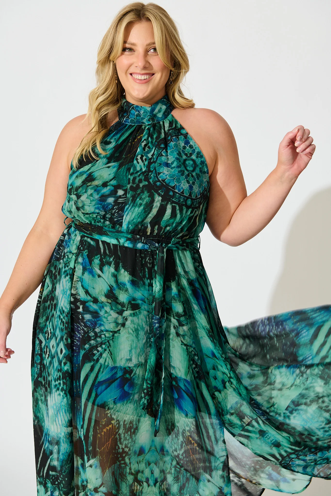 Kiss Me Halter Neck Maxi Dress in Green Multi Chiffon - Image 6